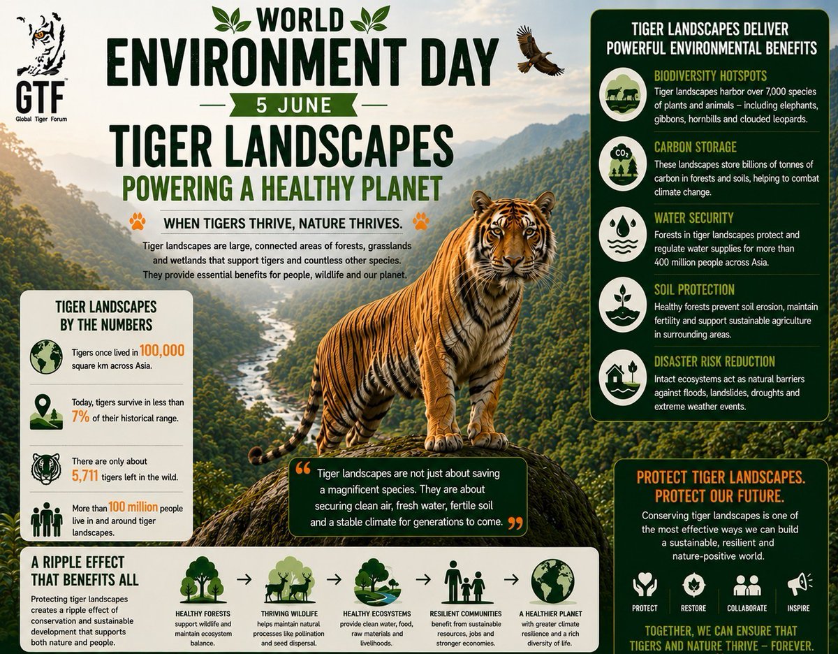 Unitedfortigers's tweet photo. On #WorldEnvironmentDay, we celebrate tiger landscapes—the green lifelines that safeguard biodiversity, secure water, store carbon, and support millions of people; protecting tigers means protecting our planet. 🌏🐅 #TigerLandscapes #NaturePositive #GTF #ConservationForFuture https://t.co/MBPeoBJ0jQ