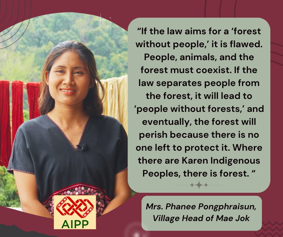 aippnet's tweet photo. "If the law separates people from the forest, it will lead to ‘people without forests,’ &amp; eventually, the #forest will perish because there is no one left to protect it. 
Mrs. Phanee Pongphraisun, #MaeJokVillage

#IBD2026 #KMGBF #Weareindigenous #BiodiversityDay #IBDay2026 #Karen https://t.co/sHNMBjkq8E