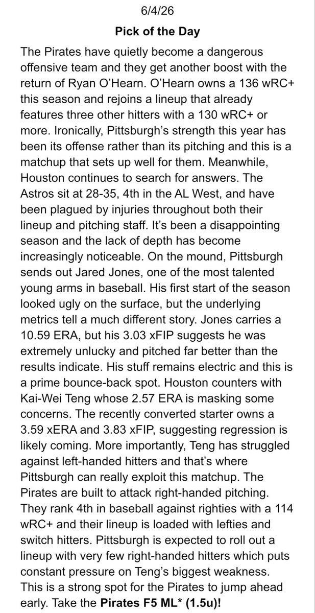 ProfLocks's tweet photo. PICK OF THE DAY, CASH IT!🤑💰

Pirates F5 ML* (1.5u) ✅✅✅

Cashed 19 of last 27 MLB!🔥🔥
Get off the sidelines! LET’S CASH!👨‍🏫📈 https://t.co/OGrsiB4pkd