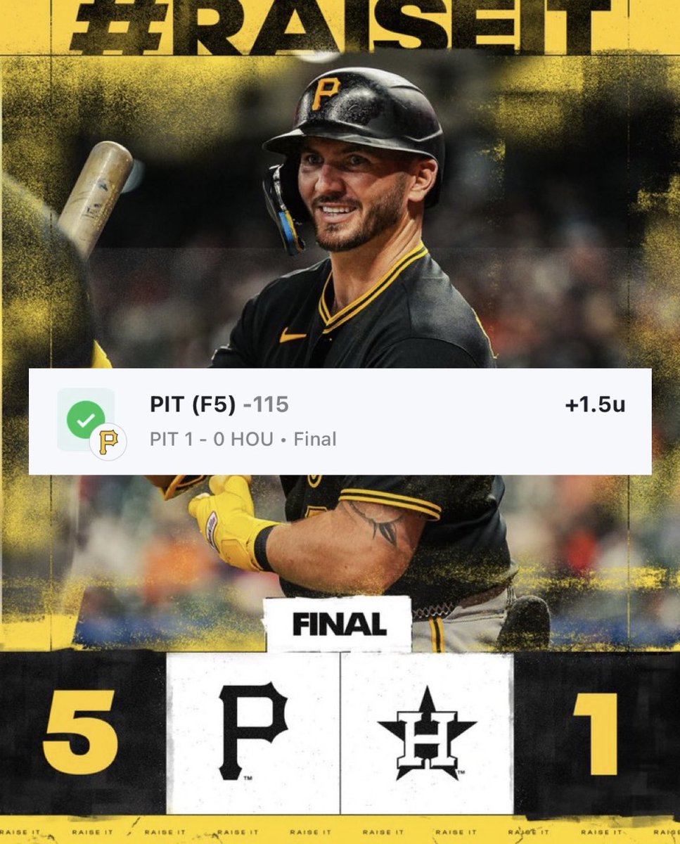 ProfLocks's tweet photo. PICK OF THE DAY, CASH IT!🤑💰

Pirates F5 ML* (1.5u) ✅✅✅

Cashed 19 of last 27 MLB!🔥🔥
Get off the sidelines! LET’S CASH!👨‍🏫📈 https://t.co/OGrsiB4pkd
