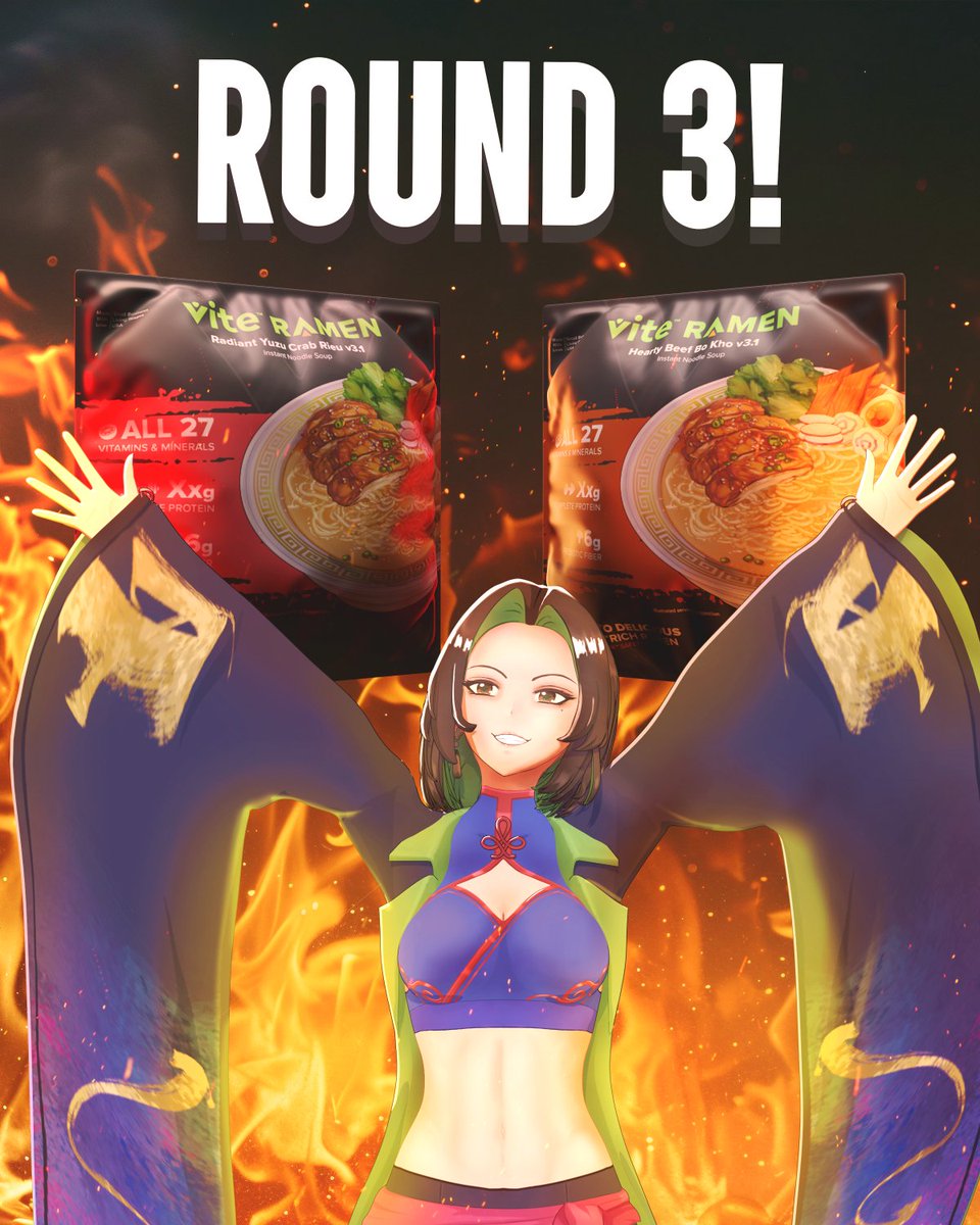 ViteRamen's tweet photo. Round 3 Starts NOW!

But what happened during Round 2 Overtime?

Though Round 2 closed at midnight, but for the two upper bracket fights, that bell only rang as the opening of an even fiercer battle as Secret Rule #1 triggered:

OVERTIME.

The rules changed in an instant, and the popular vote, that thing every faction had bled for all week long, froze where it stood. Only the boost cards held meaning during these desperate final hours. A flavor trailing in votes could keep being boosted, keep climbing, and drag itself back over the leader before its own clock stopped ticking.

Upper Bracket: Vegan Spicy Sesame Tantanmen vs Hearty Beef "Bo Kho"

Bo Kho carried the highest popular vote in the entire tournament, a veteran flavor that had won its own Battle of the Beef long ago to earn the right to exist. But in this battle, those popular votes from long ago seemed to disappear, as Tantanmen matched its popular votes exactly, each taking the lead.

But upon triggering overtime, Tantanmen held the lead, 336 to 306. Bo Kho responded in kind, activating its own Overtime with a small boost, just to keep itself in the fight.

Tantanmen did not take kindly to this, and brought its might to bear, activating multiple boost cards and pulling itself comfortably into the lead, crushing Bo Kho under its weight, 381 - 316.

But Bo Kho wasn’t done yet. Beneath the weight of it all, it struggled, and fought, scraping together all its might, and with a roar, shook off Tantanmen with a strength of its own--

And yet, just a hair too little. Even with the massive boost, Bo Kho couldn’t take the lead, putting itself only a scant 5 votes behind Tantanmen, 381 - 376...

Just enough to push it to Overtime 2... and beyond.

It triggered something in Tantanmen. Acknowledgement-- no, a glint of something more. Fear, perhaps. With renewed determination, Tantanmen roared back into the fight, drawing into its reserves and pulling yet another set of boost cards to pull it well into the lead, so that Bo Kho could never rise to meet it again, 431 - 376.

But as OT 2 ticked down, and OT3 continued, one hour passed. Then another. The evening bled into night, and night into the next day, and still Tantanmen did not move, and Bo Kho breathed with ragged breath beneath. The entire round 2 looked to be over...

And Bo Kho decided it had rested enough beneath the boots of Tantanmen.

At the very last minute, Bo Kho shouted its defiance, and wrested Tantanmen away, breaking free, 436 to 431, putting it at the same tiny lead that Tantanmen had enjoyed before. And that second wind turned into a third, and fourth wind, and Bo Kho’s energy erupted in the arena, the last minutes ticking down as it pushed forwards again, and again, until the final seconds of overtime evaporated.

498 - 431.

Hearty Beef "Bo Kho" is victorious over Vegan Spicy Sesame Tantanmen!

When the dust settled, the bracket had been rewritten, and round 3 begins.

Radiant Yuzu Crab Riêu and Hearty Beef "Bo Kho" advance, the tournament's two people's champions. The loudest crowds carried them here, each with their hard fought victories coming from behind.

Only one will remain undefeated after this round. Who will it be?

Shrimp Panang Curry and Vegan Tomato Basil Bisque are eliminated from the lower bracket, and gone from the tournament, as they lost their respective battles.

And yet, as Vegan Japanese Curry and Vegan Spicy Sesame Tantanmen fall to the Last Life lower bracket, where a single loss ends them forever, the motivated fans of each begin to rally again, calling for reinforcements to their side. All previous boost cards remain in play, and all boost cards used on the eliminated contestants can be now allocated to reinforce an existing flavor’s bout.

Upper Bracket:

Hearty Beef "Bo Kho" vs Radiant Yuzu Crab Riêu

Lower Bracket:

Vegan Japanese Curry vs Beefy French Onion Soup

Vegan Spicy Sesame Tantanmen vs Coconut Curry Laksa

And a new rule enters to be voted on!

SECRET RULE #2: THE BRACKET RESET VOTE

The community will vote on whether the grand final includes a bracket reset. No boost cards apply to this vote.

If the community votes YES: if the losers bracket champion defeats the winners bracket champion in the grand final, a second final will be held, since the winners bracket champion has not yet lost twice.

If the community votes NO: the grand final is a single match. Whoever wins, wins. The losers bracket champion can take the title in one shot.

Who survives the lower bracket's gauntlet? Will Tantanmen's war chest find its fury again, or has the giant been broken for good?

Find out next time, on Vite Vault Vote!