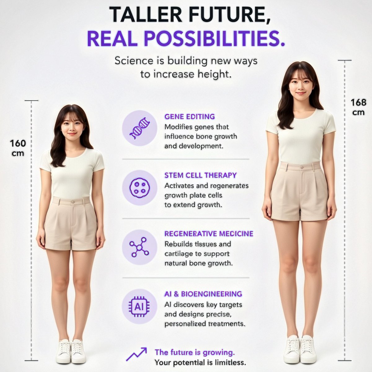 SciTechera's tweet photo. In near future, we will have multiple ways to increase or decrease height.

I know height is not controlled by a single gene. Thousands of genetic variants influence it, along with nutrition, hormones, health and development.

But scientists already understand many of the factors that influence height. Converting that understanding into a precise and reliable height-modification treatment that can reliably add 8 cm remains a major scientific challenge.

Still, advances in AI, gene editing, regenerative medicine, stem-cell biology and computational biology could dramatically accelerate our ability to understand and eventually modify the biological systems that influence height.

We've already seen AI systems such as AlphaFold rapidly predict protein structures that once took years to determine.

I wouldn't be surprised if the coming years bring multiple treatment options that seem impossible today.

The future will be extraordinary. Progress does not solve every problem, but it continually expands what humanity is capable of solving. And those capabilities are advancing faster than ever.