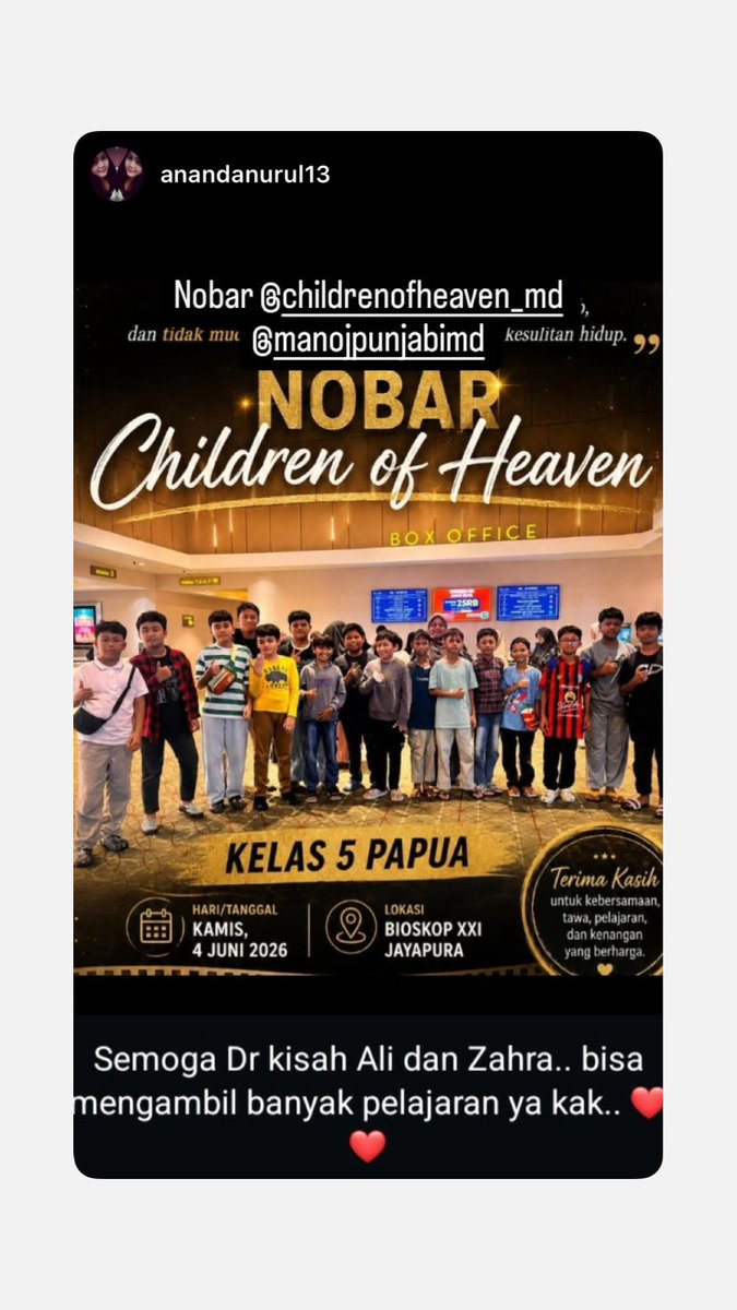 MDPictures's tweet photo. TERIMA KASIH UNTUK SEMUANYA YANG SUDAH NOBAR🥳🫵🏻
Saksikan kisah hangat perjuangan Ali &amp; Zahra di bioskop SEKARANG!

CHILDREN OF HEAVEN SEDANG TAYANG
Gantian sepatu di bioskop yuk!

#ChildrenOfHeaven
#FilmChildrenOfHeaven
#ChildrenOfHeavenMovie
#MDPictures https://t.co/mkOfcXkiEo