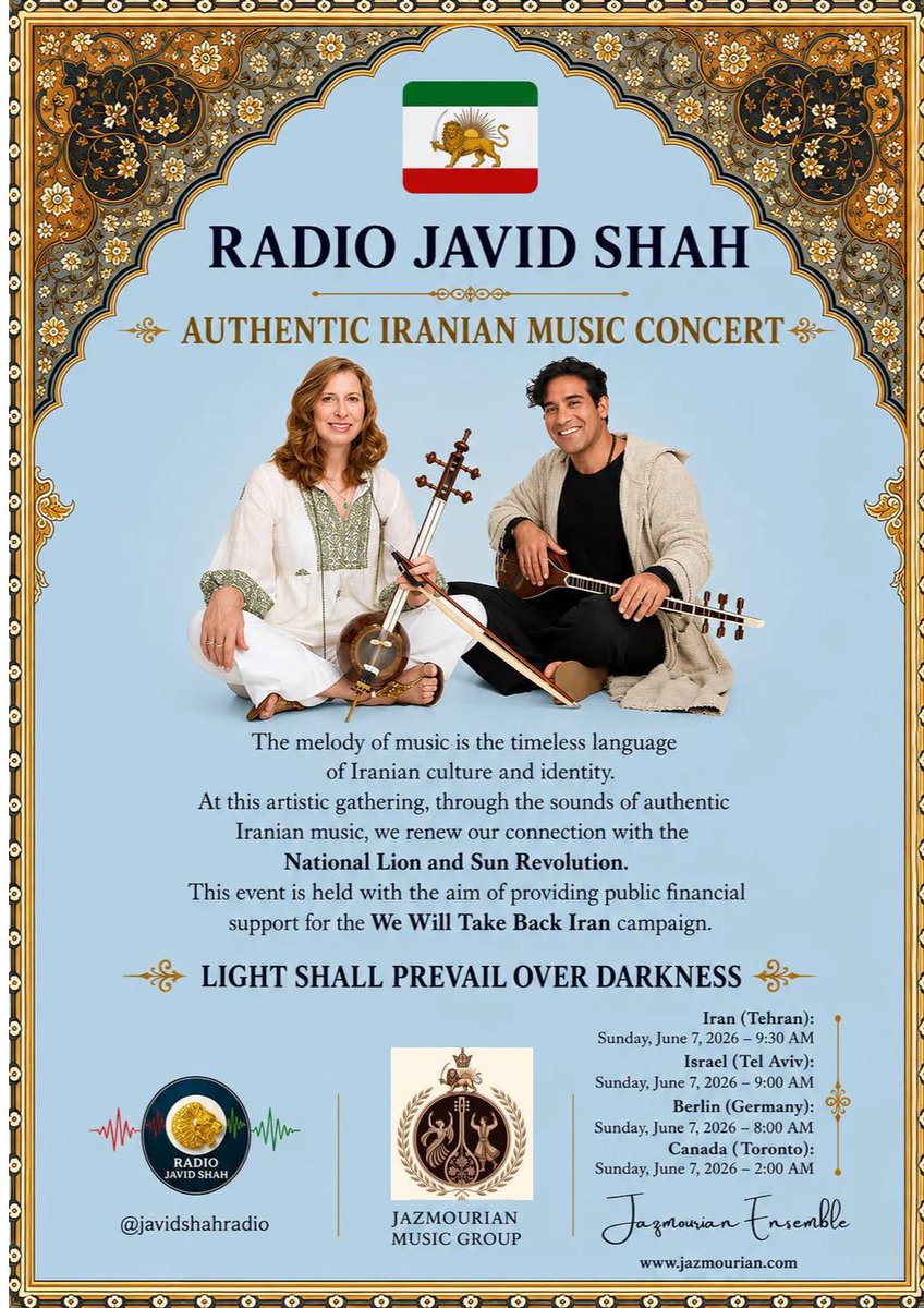 DianamNova27's tweet photo. You’re invited 👇

For the first time on X, Authentic Iranian Music Live

Venue: The X Space of Radio Javid Shah @javidshahradio
Date: Sunday, 7 June 2026

Featuring: Jazmourian Ensemble
@Ahurams
https://t.co/bTTEJIboPd

Fundraising in support of the Lion and Sun National Revolution of the Iranian People 🇮🇷

https://t.co/48dkYTPiYr

@PahlaviReza
@PahlaviComms
@NoorPahlavi