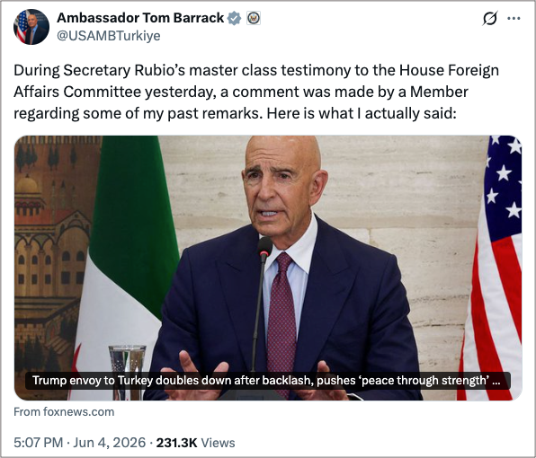 HarrisSamaras's tweet photo. You, Mr. Barrack, have suggested that Turkey should soon regain access to the F-35 program despite its purchase of Russia's S-400 system. You also stated that the dispute over Turkey's participation in the F-35 program is "insane".

Now you claim to have argued otherwise, and you are pointing to President Trump's "peace through strength", which you described as "a more pragmatic reading of the Middle East".

Pragmatic?

Pragmatic, Mr. Barrack, is Ankara's financial and political support of Hamas. Support also of other terrorist and jihadist organizations. Hezbollah (at least politically) as well, Hezbollah that you DID equate with Israel.

Delusional, Mr. Barrack, is believing that Ankara will not share sensitive information of the F-35 to the enemies of the USA. Turkey's stance re Gaza, Syria and the Kurds (that you made sure to betray), Iran, and Israel, suggests that only a poor in mind reckless gambler could trust Turkey.

Could it be that other reasons are in play, personal for some reasons? A valid query, I believe, in view of the circumstances.

Wonder, could the slogan of "peace through strength" for the Middle East be "support the local jihadist and its supporters"?

| @FoxNews @efratlachter @POTUS @SecRubio @USAMBTurkiye #Turkey #Hamas #Hezbollah #Syria #Iran #Jihadism #Islamism #Terrorism #Kurds #Israel #MiddleEast #F35s 
https://t.co/2YyXAEyoMs