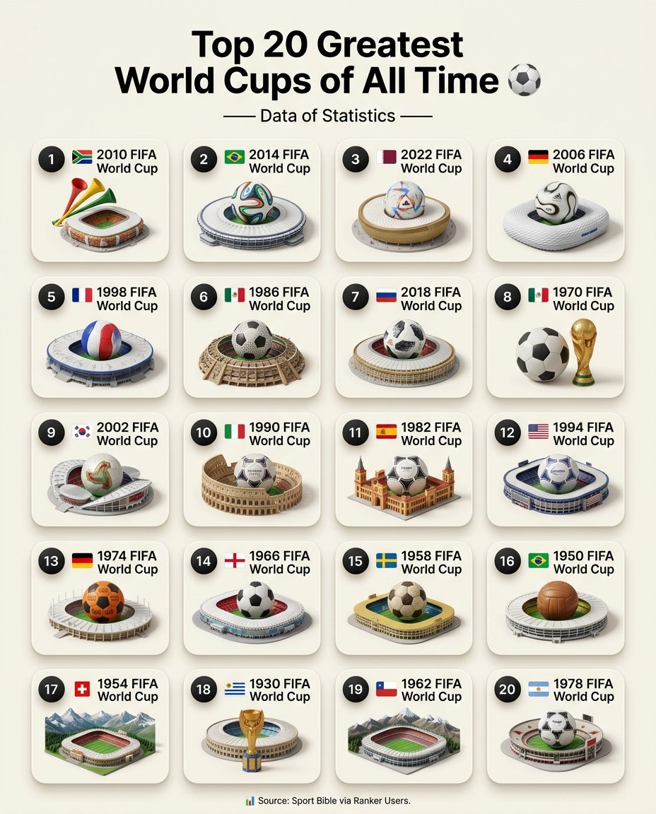 DataOfStats's tweet photo. Top 20 Greatest World Cups of All Time ⚽️

1. 🇿🇦 2010 FIFA World Cup
2. 🇧🇷 2014 FIFA World Cup
3. 🇶🇦 2022 FIFA World Cup
4. 🇩🇪 2006 FIFA World Cup
5. 🇫🇷 1998 FIFA World Cup
6. 🇲🇽 1986 FIFA World Cup
7. 🇷🇺 2018 FIFA World Cup
8. 🇲🇽 1970 FIFA World Cup
9. 🇰🇷 2002 FIFA World Cup
10. 🇮🇹 1990 FIFA World Cup
11. 🇪🇸 1982 FIFA World Cup
12. 🇺🇸 1994 FIFA World Cup
13. 🇩🇪 1974 FIFA World Cup
14. 🏴󠁧󠁢󠁥󠁮󠁧󠁿 1966 FIFA World Cup
15. 🇸🇪 1958 FIFA World Cup
16. 🇧🇷 1950 FIFA World Cup
17. 🇨🇭 1954 FIFA World Cup
18. 🇺🇾 1930 FIFA World Cup
19. 🇨🇱 1962 FIFA World Cup
20. 🇦🇷 1978 FIFA World Cup

📊 Source: Sport Bible via Ranker Users.