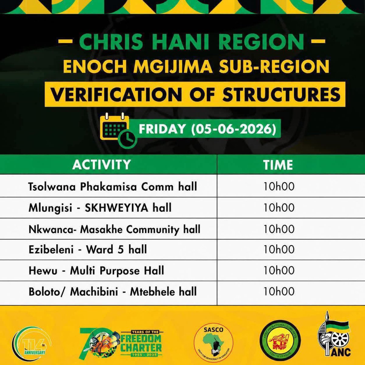 ANCECape's tweet photo. Enoch Mgijima Sub-region will hold a Verification of Structures programme taking place across various communities.

🗓️ Friday, 05 June 2026
⏰ 10h00

#ANCRenewal
#VoteANC2026
#ThePeoplesMovement https://t.co/04EjjpX5R7