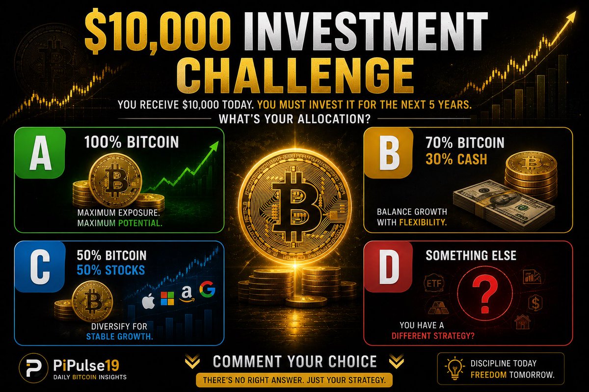 PiPulse19's tweet photo. You receive $10,000 today.

You must invest it for the next 5 years.

What’s your allocation?

A) 100% Bitcoin

B) 70% Bitcoin / 30% Cash

C) 50% Bitcoin / 50% Stocks

D) Something else

👇
#Bitcoin https://t.co/OmlCFak2xV