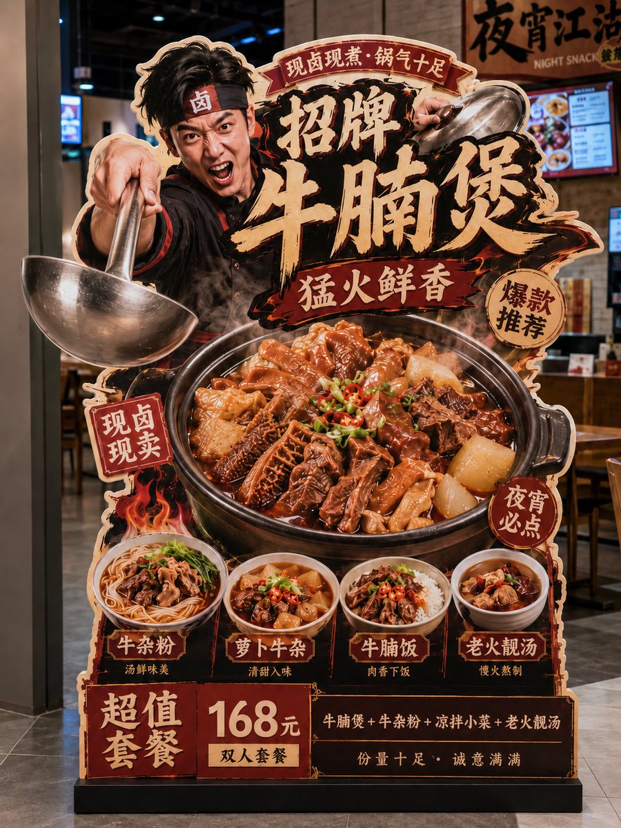 MrLarus's tweet photo. 🤯用 ChatGPT-Image2 做《门店爆品异形展架》，立体视觉暴击！

我把餐饮爆品做成了一个人物破框式门店装置：
平面物料最难的是没有空间感，会显得平庸
但通过人物动作 + 异形裁切 + 前景透视
大标题、价格、套餐、卖点全部模块化排进展架里
一张普通立牌也能做出接近 3D 装置的视觉冲击！✨

适合餐饮门店入口、收银台、排队区、商场通道做爆品促单展示！
完整通用提示词放评论区👇