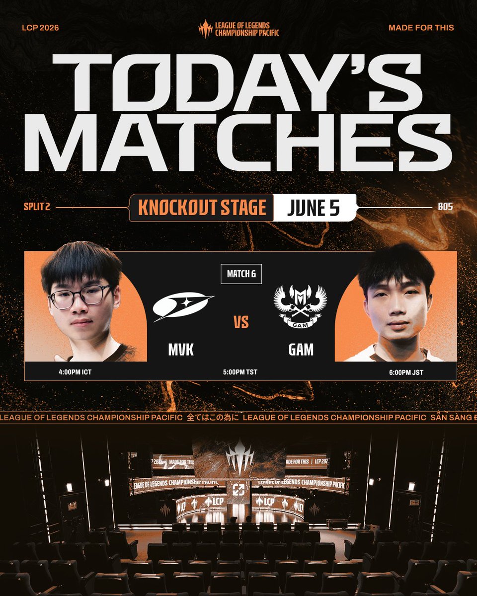 lolesports_jp's tweet photo. 📣LCP 2026 Split 2 Knockout Stage Lower Bracket Round 1

本日の対戦スケジュールはこちら👀

18:00 MATCH START ⚔　(Bo5) 
MVK Esports(@MVK_VN)
vs 
GAM Esports(@GAMesportsVN)

📺配信先
🔴Youtube:https://t.co/7gnMeo2ZyZ
🟣Twitch:https://t.co/3PKeGmWglW

#LCPJP https://t.co/ZMaYelojb9