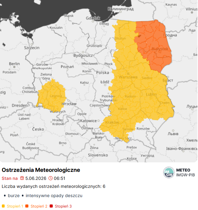 IMGWmeteo's tweet photo. ⚠️ Ostrzeżenia meteorologiczne IMGW-PIB 

🟠północny wschód kraju, BURZE stopień 2
Prognozowane są burze, którym miejscami będą towarzyszyć:
🌧️ bardzo silne opady deszczu od 30 mm do 40 mm,
💨 porywy wiatru do 80 km/h,
🧊 lokalnie grad.
🟡 wschód kraju, BURZE stopień 1
Prognozowane są burze, którym miejscami będą towarzyszyć:  
🌧️ silne opady deszczu od 20 mm do 35 mm,
💨 porywy wiatru od 70 do 80 km/h,
🧊 lokalnie grad.

🟡południowy zachód kraju, INTENSYWNE OPADY DESZCZU stopień 1
🌧️ Prognozowane są jednostajne opady deszczu, miejscami o natężeniu umiarkowanym. Prognozowana suma opadów od 30 mm do 35 mm, lokalnie do 40 mm. 
 
⏰ Ostrzeżenia na burze obowiązują od godzin popołudniowych do wieczornych, ostrzeżenie na intensywne opady deszczu na południowym zachodzie - do godziny 12:00.
⚠️Sytuacja pogodowa będzie dynamiczna, dlatego zalecamy śledzenie bieżących komunikatów i ostrzeżeń.⚠️

➡️ Aktualne informacje: https://t.co/c3JUXVOvrU

#IMGW #ostrzeżenia #burze #pogoda #deszcz #grad #bezpieczeństwo #meteorologia