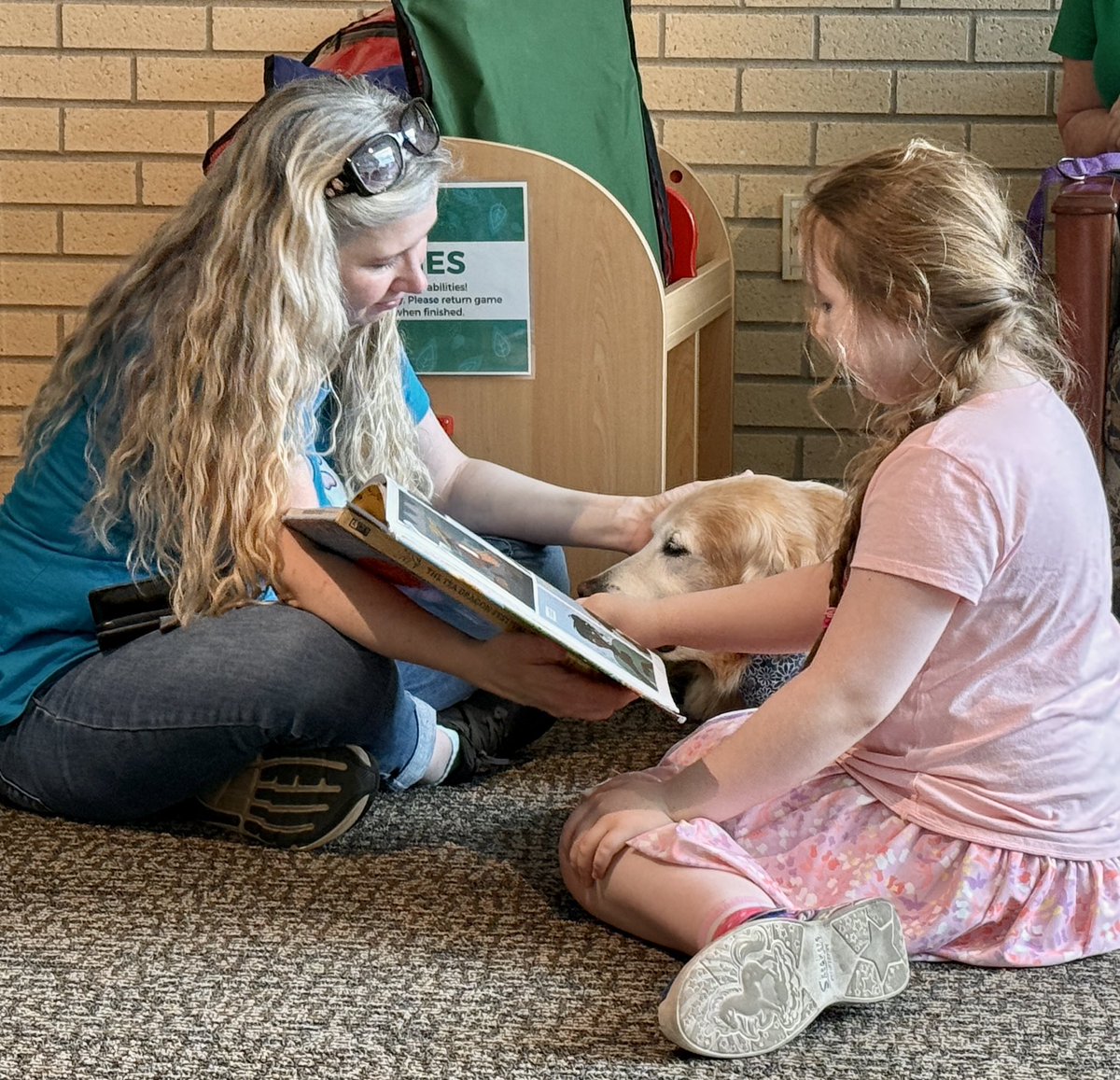 MikeFrezon's tweet photo. “Another great reading day at the library!  I heard stories about foxes and rabbits, tea parties and even worms!  And one little girl just hugged me tight her entire visit. Being a #TherapyDog is THE BEST!”
-Sophie

#BrooksHaven #GoldenRetriever #grc #dogcelebration #Hugs #love https://t.co/maHypRua21