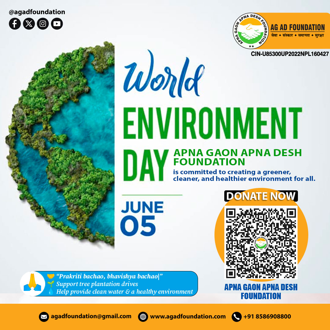 agadfoundation's tweet photo. 🌍 World Environment Day 6 June 2026
🌱 प्रकृति बचाओ, भविष्य बचाओ 🌍
एक पेड़, एक कदम, एक बेहतर कल।
🤝 Apna Gaon Apna Desh Foundation
💳 Support Tree Plantation &amp; Environmental Awareness
#EnvironmentDay2026 #GreenIndia #SaveEnvironment #WorldEnvironmentDay #SaveEarth #DonateNow https://t.co/OUgpIOWpZo