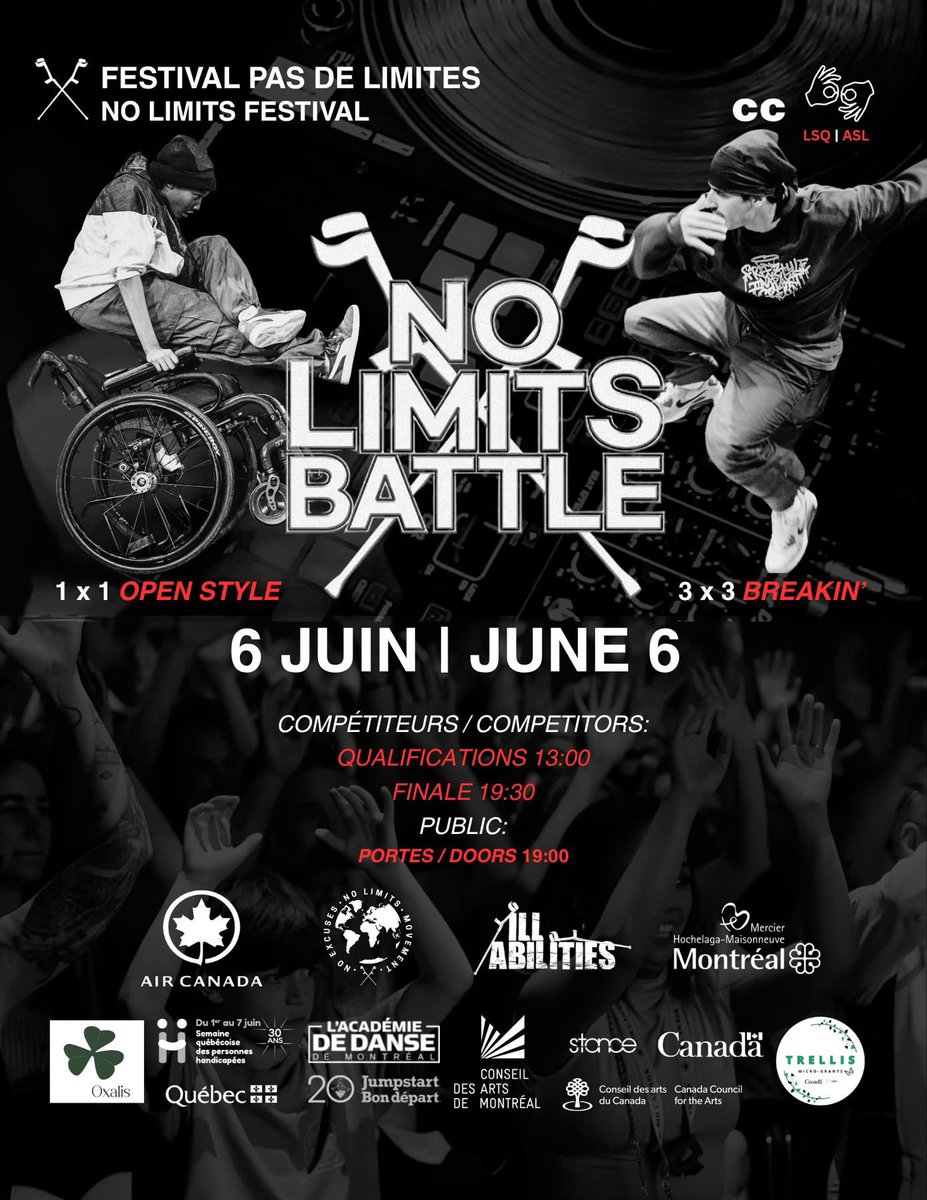 Mr_swetch_'s tweet photo. 🇨🇦, Mouvement Pas d'Excuses Pas de Limites et ILL-Abilities sont de retour avec une nouvelle édition du Compétition NO LIMITS Battle. 

Tous les danseurs doivent s’inscrire ici :
https://t.co/WOz78rp0UO

Information pour le public ici: https://t.co/fw6oehJaqQ https://t.co/Aojzo3cfnQ