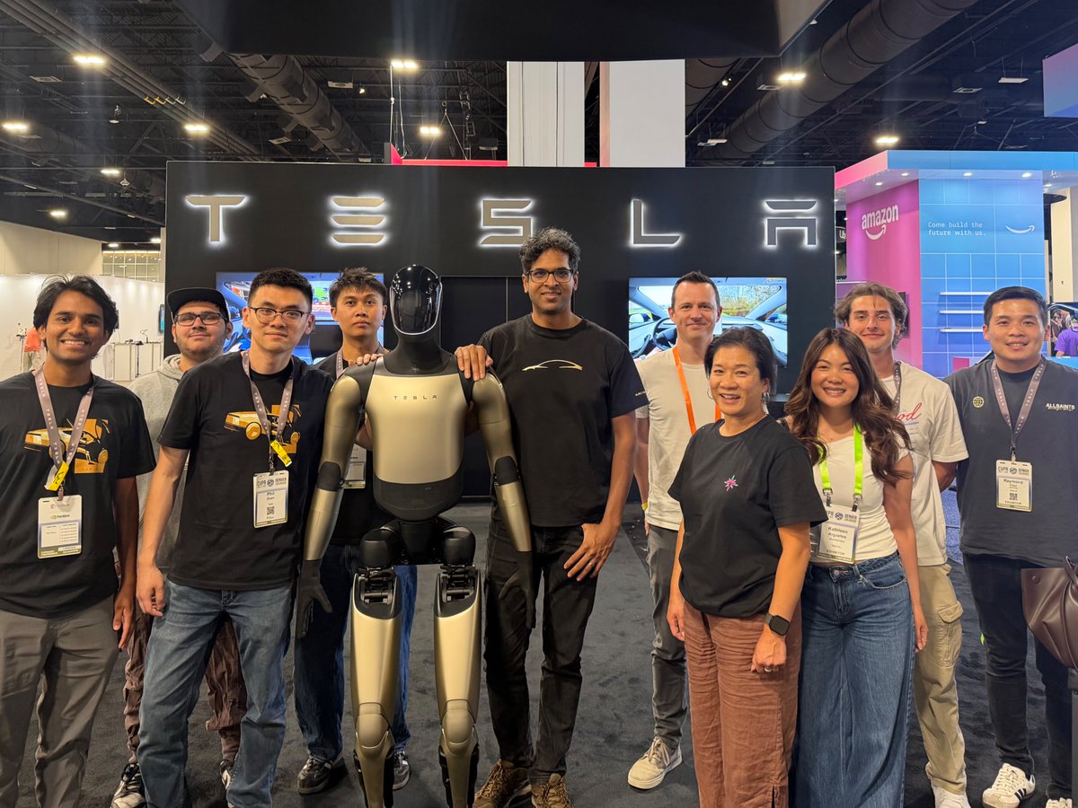 Tesla_AI's tweet photo. Come visit our CVPR booth for hands-on experiences:

– Neural video generation + sim drive
– Selfies with @Tesla_Optimus 
– Real FSD test drives in Tesla models of your choice

Chat directly with the team behind it, including @aelluswamy & @pduan and other engineers to get answers to your questions. Recruiters are also on-site for career opportunities.

While others talk about autonomous driving, Tesla is the only one solving it in the real world with a true long-term approach. Come experience live demos and grab some swag!