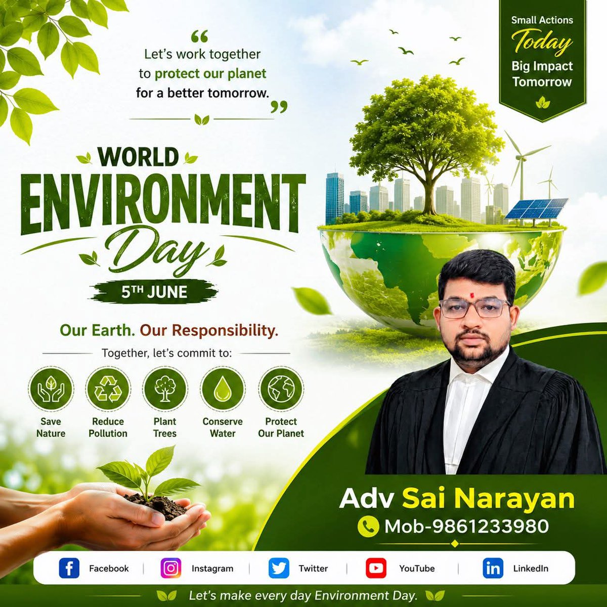 narayansaina's tweet photo. World Environment Day 2026 🌍♻️
Nature is not a gift from our ancestors; it is a responsibility for future generations. Let us pledge to plant more trees, reduce pollution, conserve water, and protect our environment for a greener tomorrow. https://t.co/DZeHIFytJ2
