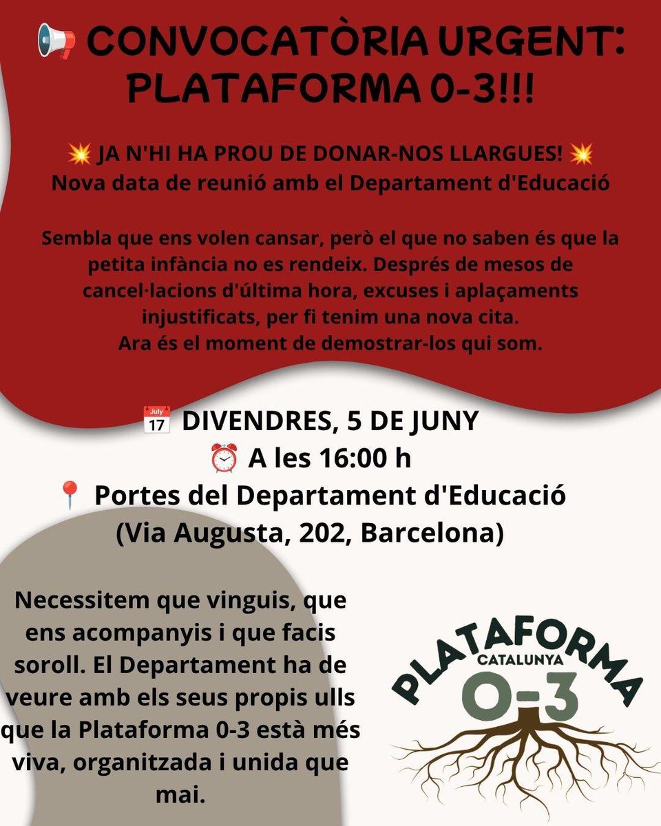 EnsenyamentUSOC's tweet photo. 🏫 El futur de la nostra societat es decideix dia a dia a les aules.

🔥 Perquè ignorar les mancances actuals és cronificar una precarietat insostenible, 𝗮𝘃𝘂𝗶 𝘁𝗼𝗿𝗻𝗲𝗺 𝗮 𝘀𝗼𝗿𝘁𝗶𝗿 𝗮𝗹 𝗰𝗮𝗿𝗿𝗲𝗿 amb el cap alt i els objectius clars. ✊

🤝 Avui sortirem al carrer en 𝟯 𝗰𝗼𝗻𝘃𝗼𝗰𝗮𝘁𝗼̀𝗿𝗶𝗲𝘀:
📌 #Infantil03
📌 #EducacióPública
📌 #EducacióConcertada
... per 𝟯 𝗹𝗹𝘂𝗶𝘁𝗲𝘀 𝗱𝗶𝗳𝗲𝗿𝗲𝗻𝘁𝘀 𝗽𝗲𝗿𝗼̀ 𝗶𝗻𝗱𝗲𝘀𝘁𝗿𝗶𝗮𝗯𝗹𝗲𝘀.

📉 Exigim 𝘀𝗼𝗹𝘂𝗰𝗶𝗼𝗻𝘀 𝗲𝘀𝘁𝗿𝘂𝗰𝘁𝘂𝗿𝗮𝗹𝘀 𝗶 𝗶𝗺𝗺𝗲𝗱𝗶𝗮𝘁𝗲𝘀: menys gestos de cara a la galeria i més pressupost real per a un ensenyament digne i de qualitat. La dignitat de la professió és el futur de tots! 🎓 @educaciocat