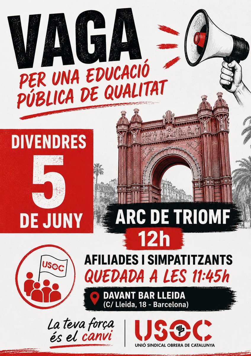 EnsenyamentUSOC's tweet photo. 🏫 El futur de la nostra societat es decideix dia a dia a les aules.

🔥 Perquè ignorar les mancances actuals és cronificar una precarietat insostenible, 𝗮𝘃𝘂𝗶 𝘁𝗼𝗿𝗻𝗲𝗺 𝗮 𝘀𝗼𝗿𝘁𝗶𝗿 𝗮𝗹 𝗰𝗮𝗿𝗿𝗲𝗿 amb el cap alt i els objectius clars. ✊

🤝 Avui sortirem al carrer en 𝟯 𝗰𝗼𝗻𝘃𝗼𝗰𝗮𝘁𝗼̀𝗿𝗶𝗲𝘀:
📌 #Infantil03
📌 #EducacióPública
📌 #EducacióConcertada
... per 𝟯 𝗹𝗹𝘂𝗶𝘁𝗲𝘀 𝗱𝗶𝗳𝗲𝗿𝗲𝗻𝘁𝘀 𝗽𝗲𝗿𝗼̀ 𝗶𝗻𝗱𝗲𝘀𝘁𝗿𝗶𝗮𝗯𝗹𝗲𝘀.

📉 Exigim 𝘀𝗼𝗹𝘂𝗰𝗶𝗼𝗻𝘀 𝗲𝘀𝘁𝗿𝘂𝗰𝘁𝘂𝗿𝗮𝗹𝘀 𝗶 𝗶𝗺𝗺𝗲𝗱𝗶𝗮𝘁𝗲𝘀: menys gestos de cara a la galeria i més pressupost real per a un ensenyament digne i de qualitat. La dignitat de la professió és el futur de tots! 🎓 @educaciocat