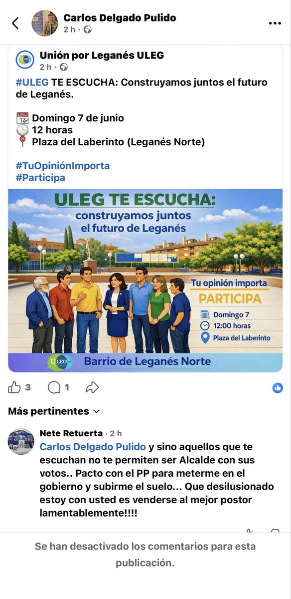 Rita_Cantaor's tweet photo. @ilion2003 @CarlosULEG @UnionporLeganes “ULEG te escucha”… hasta que alguien opina distinto.

Anuncian un acto para escuchar a los vecinos, pero al primer comentario crítico en Facebook, cierran los comentarios.

Así es difícil construir nada juntos.
La participación vecinal no puede ser solo para aplaudir. https://t.co/p6CdDGlQRk