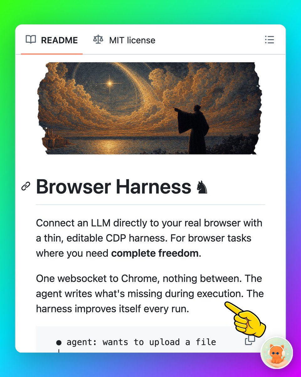 repocatai_git's tweet photo. [BUILDER'S DREAM] Browser Harness lets an AI plug into your real Chrome and teach itself the missing moves

This is the browser-agent idea stripped down to the part builders actually want:
one thin harness, one Chrome websocket, and an agent that can edit its own tools mid-task.

· Direct CDP connection to Chrome
  → the agent talks to your actual browser, not a boxed-in automation layer
· Editable agent workspace
  → when a helper is missing, the agent writes it during execution
· Self-improving runs
  → site quirks, selectors, and flows can turn into reusable skills
· Domain skills for real websites
  → GitHub, LinkedIn, Amazon-style playbooks instead of rediscovering every click
· Tiny core architecture
  → roughly 1k lines across 4 core files, so you can actually understand it
· Works with local Chrome or cloud browsers
  → useful for stealth, headless jobs, proxies, captcha handling, and parallel runs
· Built for messy tasks like uploads, outreach, ordering, expenses, and admin work

Why it matters: Most browser agents feel impressive until they hit one weird popup, file picker, login flow, or custom UI. Browser Harness takes the opposite bet: give the agent direct browser access and a place to write the missing glue as it learns.

For indie devs and AI engineers, this is the kind of repo that can turn "AI can browse" from a demo into repeatable automation you can inspect, patch, and share.

Follow @repocatai_git for more AI / Agent / Robotics drops 🚀