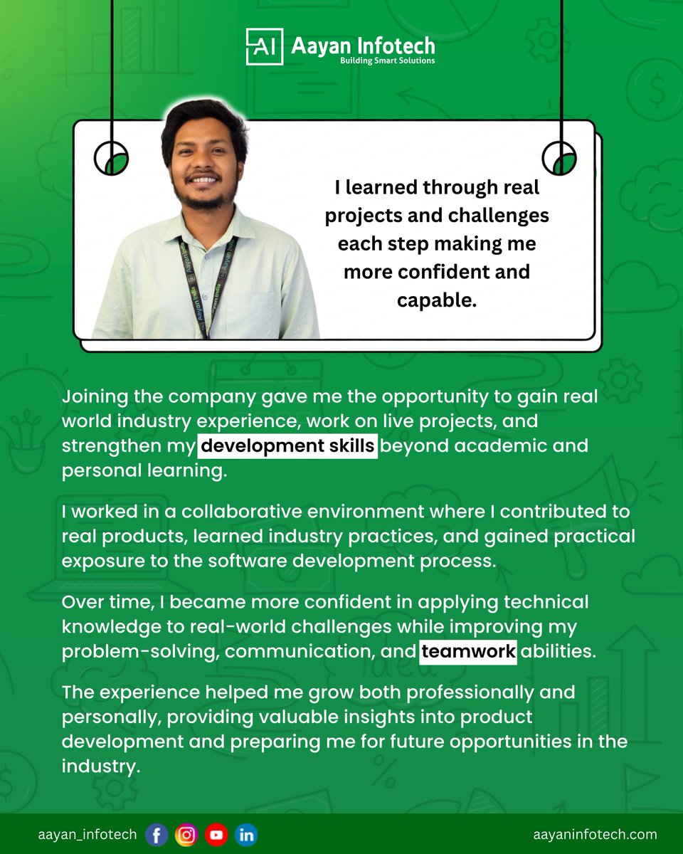 aayan_infotech's tweet photo. Arun Vishwakarma's 2-year journey at Aayan Infotech reflects growth, learning, and innovation.

As a Flutter Developer, his contributions have helped deliver seamless mobile experiences and impactful digital solutions.

#AayanInfotech #FlutterDeveloper  #CareerJourney https://t.co/oETsnxOJbU