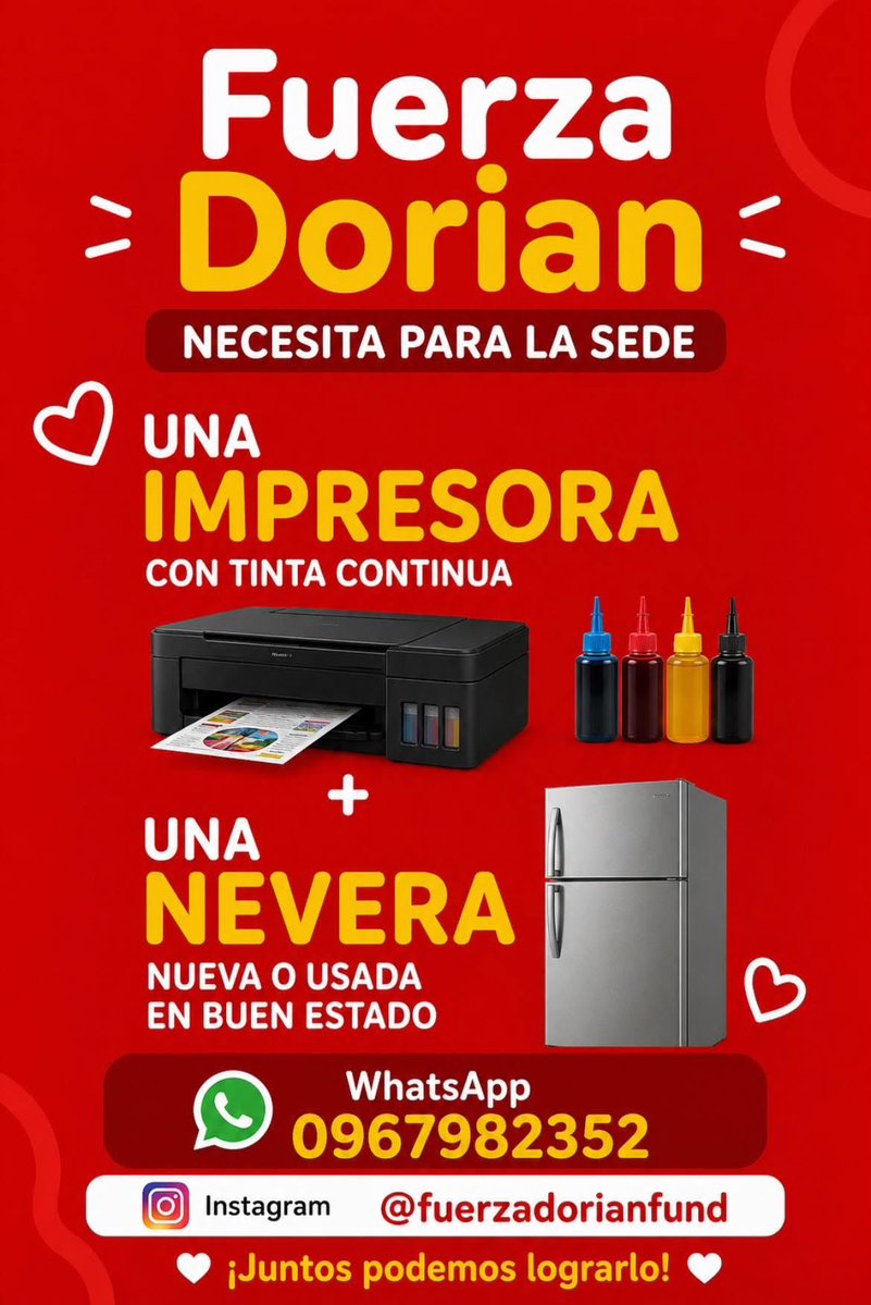 FuerzaDorianFun's tweet photo. 📢 Fundación Fuerza Dorian necesita tu ayuda

🖨️ Impresora con tinta continua
❄️ Nevera nueva o usada en buen estado

Si puedes donar alguno de estos artículos, escríbenos:

📲 0967982352
📸 @fuerzadorianfund

💛 ¡Tu ayuda nos permite seguir apoyando a niños con cáncer https://t.co/8nLQVUGHzb