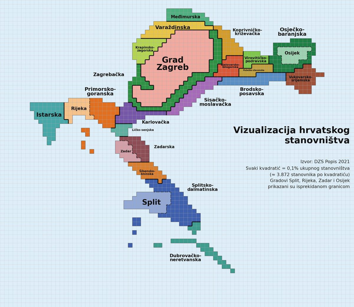 BrilliantMaps's tweet photo. Population of Croatia Visualized

Each square represents 0.1% of the county's population.

Credit: u/loyk1053

Maps for other countries: https://t.co/tfRCcXxGWu https://t.co/pkSY6woPAn