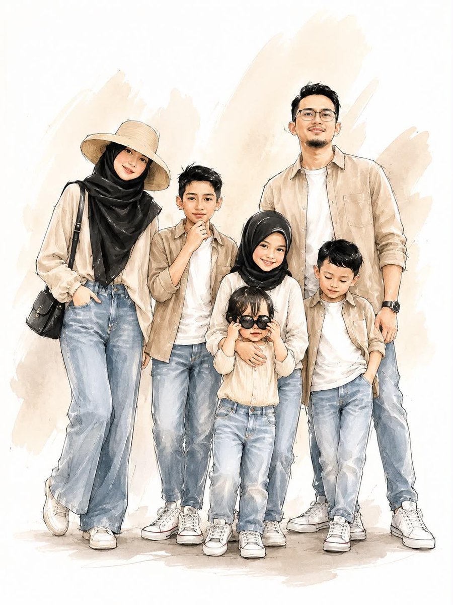 Ciri_ai's tweet photo. GPT Image 2 on Chatgpt 

Prompt: A stylish family standing together, digital watercolor and ink sketch illustration, fashion illustration style, white clean background with abstract beige brush strokes, soft lighting, expressive line art, casual modern clothing, denim jeans, black hijabs, relaxed happy pose, elegant minimal aesthetic, high detail, editorial sketch look.