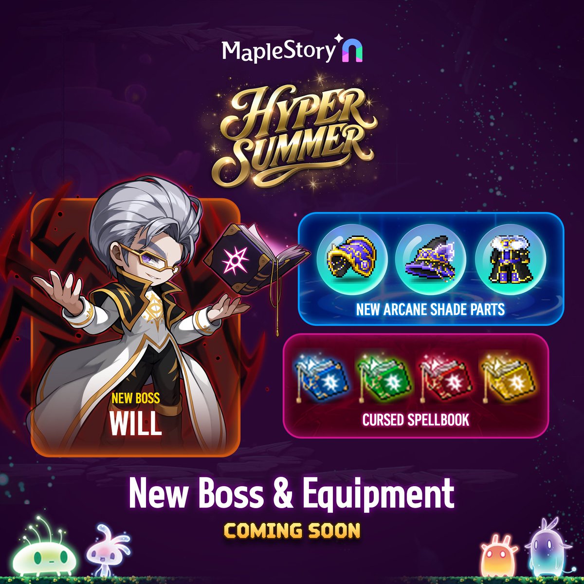 MaplestoryU's tweet photo. New boss, WILL, is on his way &amp; there's more to uncover:

✦ New Arcane Shade Parts
✦ Cursed Spellbook

Are you going for the first clear? https://t.co/b9gYjamveh