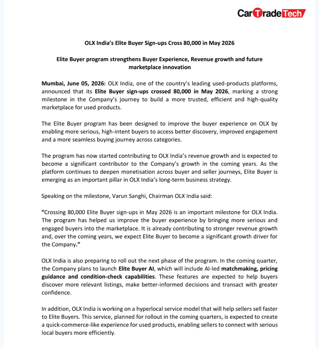 concall_in's tweet photo. CarTrade Tech's OLX India Elite Buyer sign-ups crossed 80,000 in May 2026, reflecting strong traction and supporting future growth through AI-driven matchmaking and hyperlocal seller services. https://t.co/8ARiqs8J9d