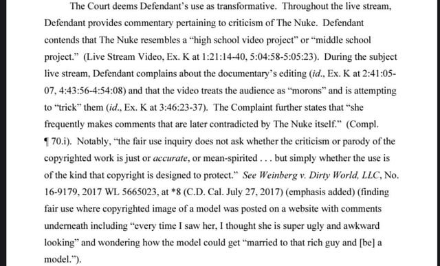 KweenInYellow's tweet photo. The Court finds Denims's use of the Content Nuke 1) sufficiently transformative, 2) justifiably used (heavily citing Ethan's own fair use defense vs. Matt Hoss), and 3) not a market substitute, and has therefore granted her Motion for Judgement on the Pleadings. Total victory. 😎 https://t.co/GGlRgRw6I8