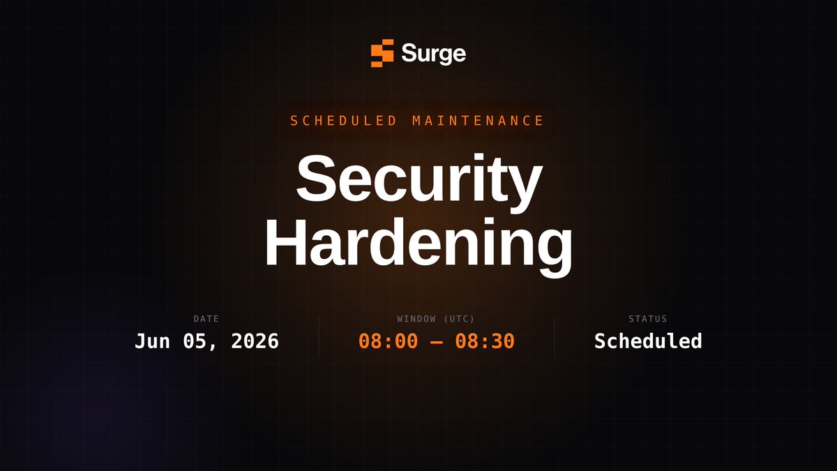 surge_credit's tweet photo. Scheduled maintenance: June 5, 08:00–08:30 UTC (30 min).

This release ships security hardening, including remediations from our ongoing security audit. 

🟧 Full report to follow.

✅ Your BTC stays in your Taproot vault throughout, unilateral exit unaffected https://t.co/tNS1SviMlt