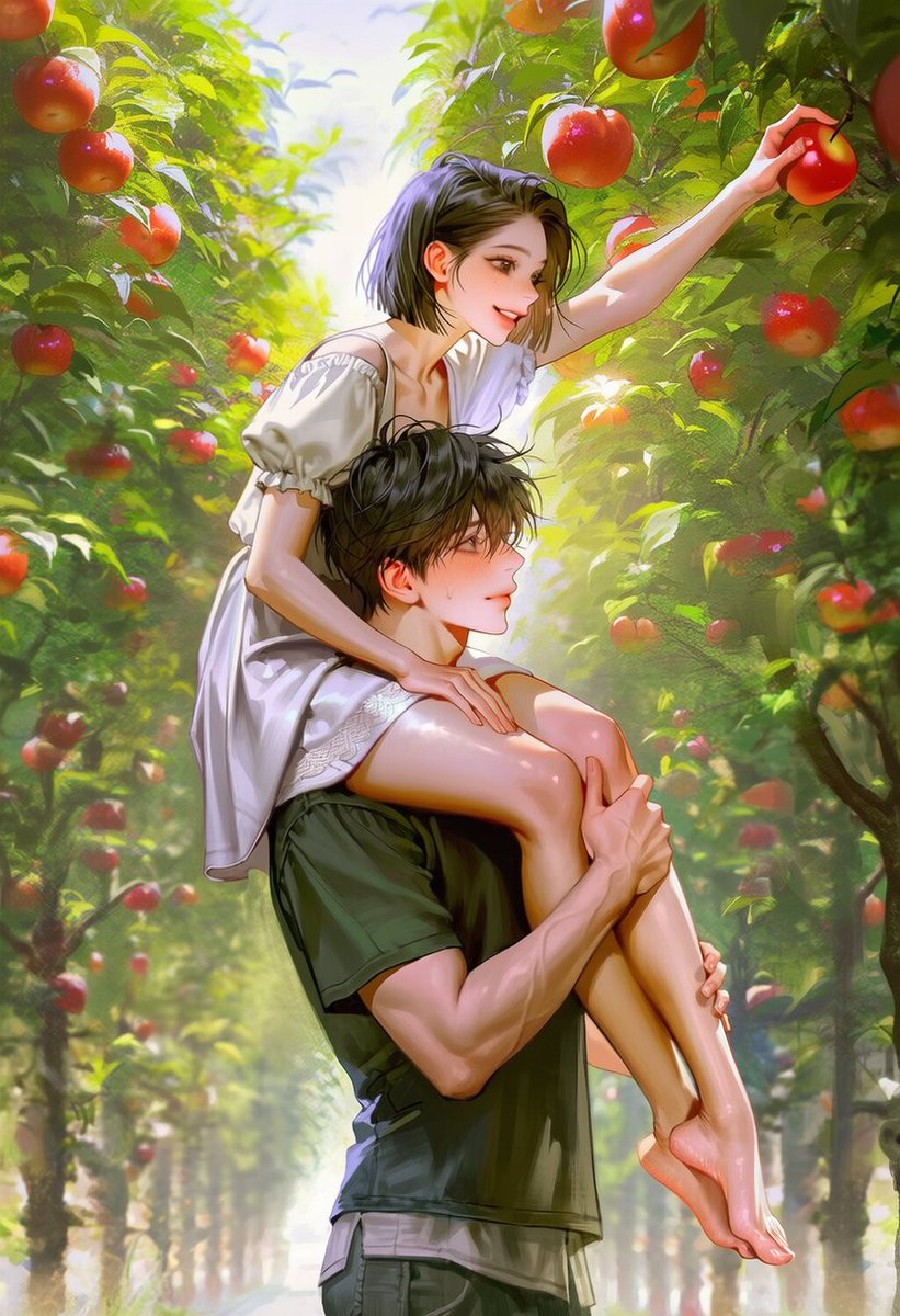 MUUKxx's tweet photo. [🍎과수원 목마] 프롬 공유

[남녀 커플]
2::1boy 1girl::, couple

[배경]
apple orchard, rows of apple trees, red apples on branches, warm sunny day, green leaves, bright outdoor lighting
[의상]
boy: {casual t-shirt, shorts}
girl: {casual dress, light fabric}
[포즈/표정]
3::full body::, 3::side view::, 2::boy carrying girl on shoulders::, 2::girl sitting on boy shoulders::, 2::girl reaching up to pick apple::, 2::hand grabbing apple from tree::, boy holding girl legs, both smiling, cheerful expression