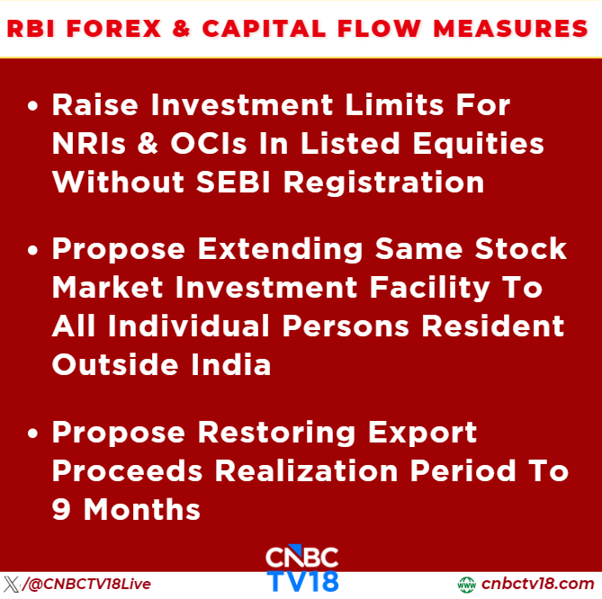CNBCTV18Live's tweet photo. #JustIn | #RBI Forex & Capital Flow Measures👇
Raise #Investment Limits For #NRIs & #OCIs In Listed Equities Without #SEBI Registration
Propose Extending Same #StockMarket Investment Facility To All Individual Persons Resident Outside #India
Here's More👇 https://t.co/XGVi5zEHcT