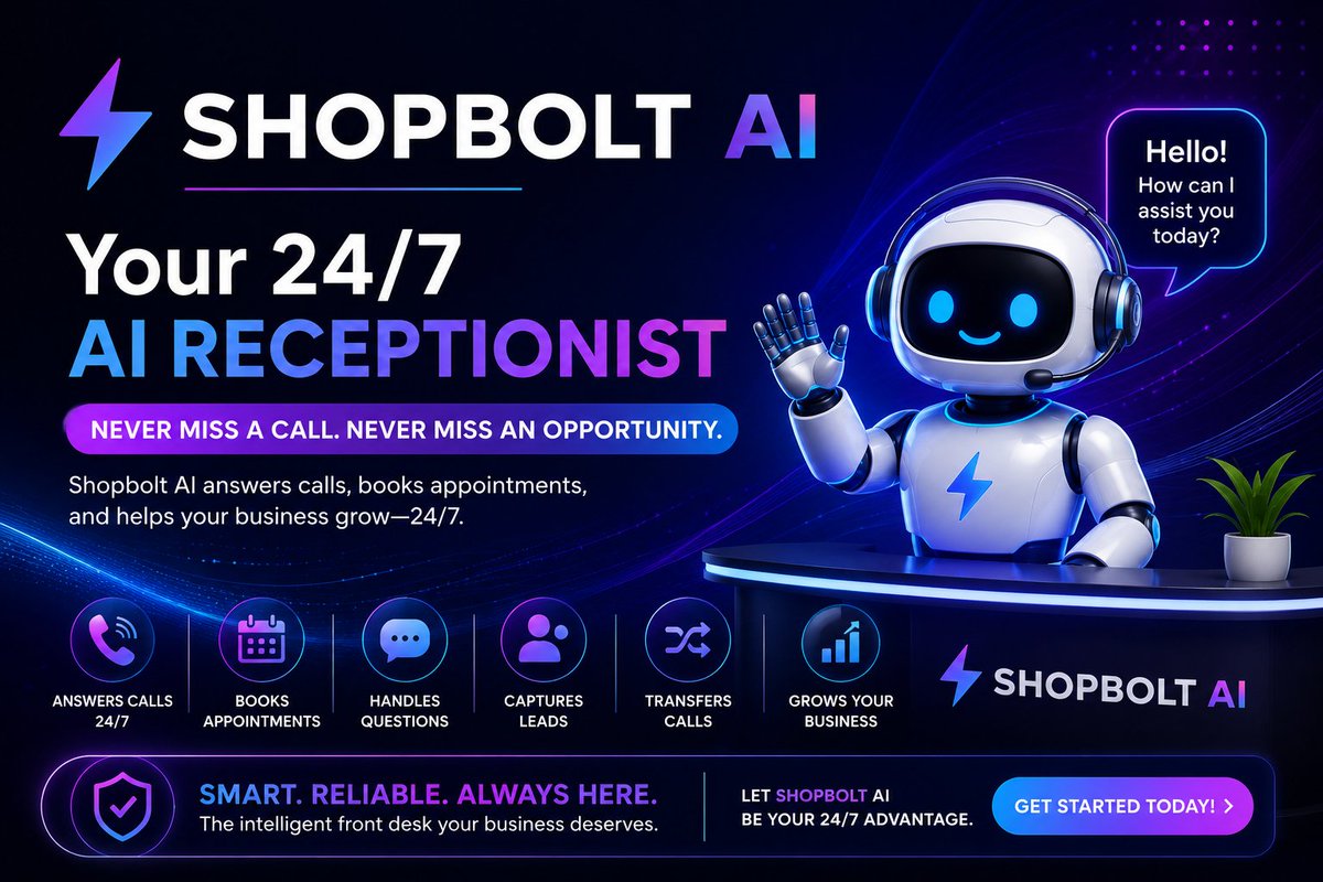 cofounderofmmmc's tweet photo. Most businesses don't lose customers because of bad service.
They lose customers because nobody answers the phone.
📞 Missed Call = Lost Revenue
🤖 Shopbolt AI answers every call, books appointments, captures leads and works 24/7.
No breaks. No holidays. No missed opportunities. https://t.co/JWKmF4E3sQ