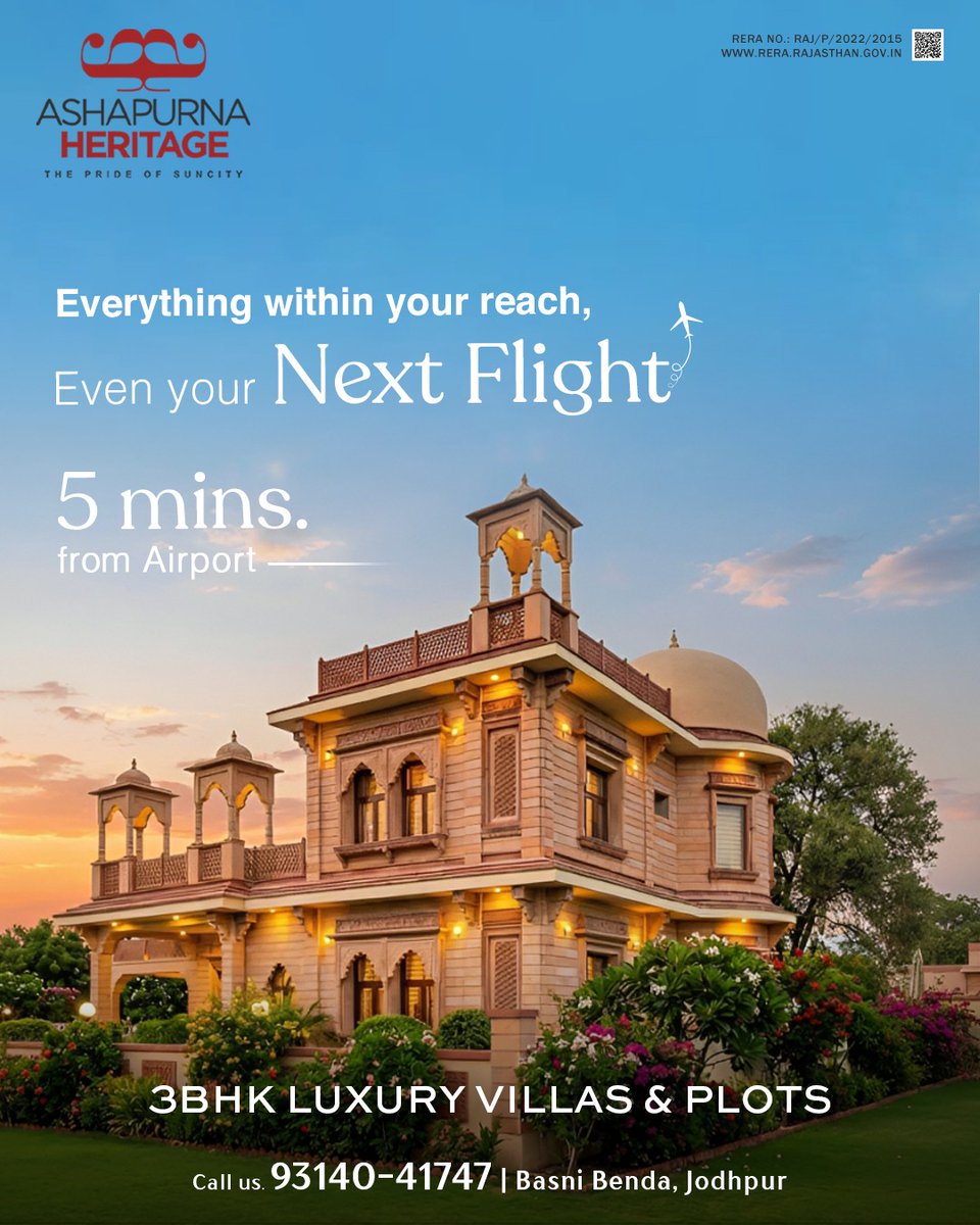 ashapurnabl's tweet photo. A home connected to every important destination.
With the airport just 5 minutes away, Ashapurna Heritage brings convenience closer to everyday life.

📍 3 BHK Villas &amp; Plots at Basni Benda, Jodhpur

Call Us: 9314041747
#propertyinjodhpur #villa #heritagelook #propertynearairport https://t.co/MDDm10eNL4