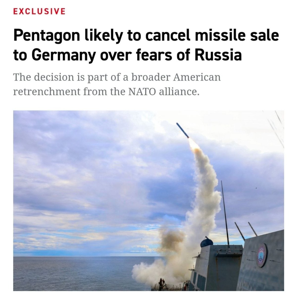 Glenn_Diesen's tweet photo. Have we reached the point where Germany is no longer considered a responsible country?
"The Pentagon is expected to cancel a plan to send Tomahawk missiles to Germany partly because officials are concerned Russia will view it as an escalation"  https://t.co/tw0d0xh4Ue https://t.co/8WfMM3LwFg