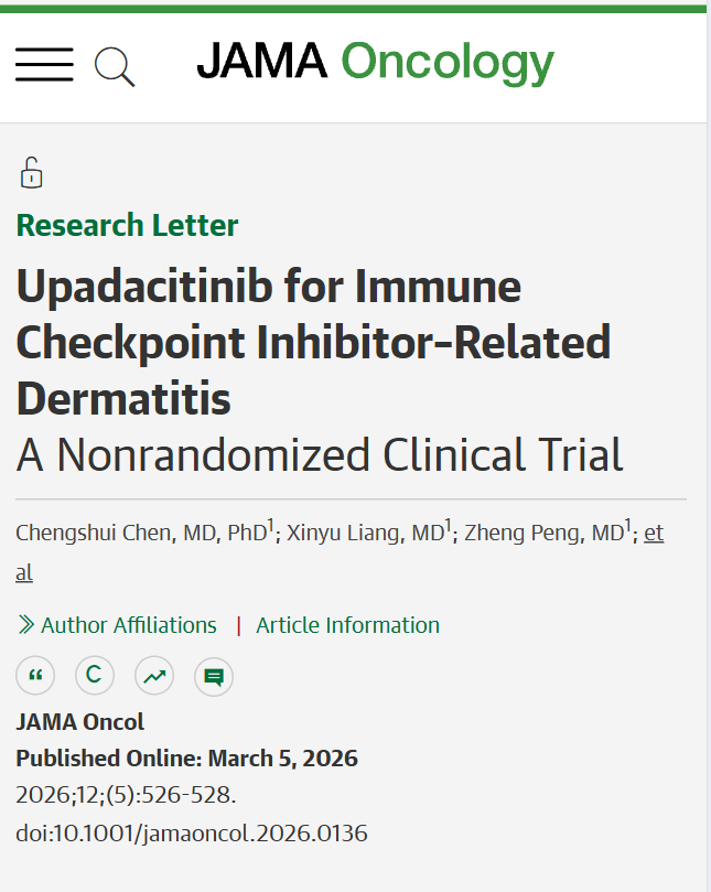 JAMAOnc's tweet photo. Oral upadacitinib achieved rapid resolution and pruritus relief in severe immune checkpoint inhibitor–related #Dermatitis, with no serious treatment-related adverse events. 

https://t.co/52i1Sbr1sw https://t.co/B3dFsPH3s0