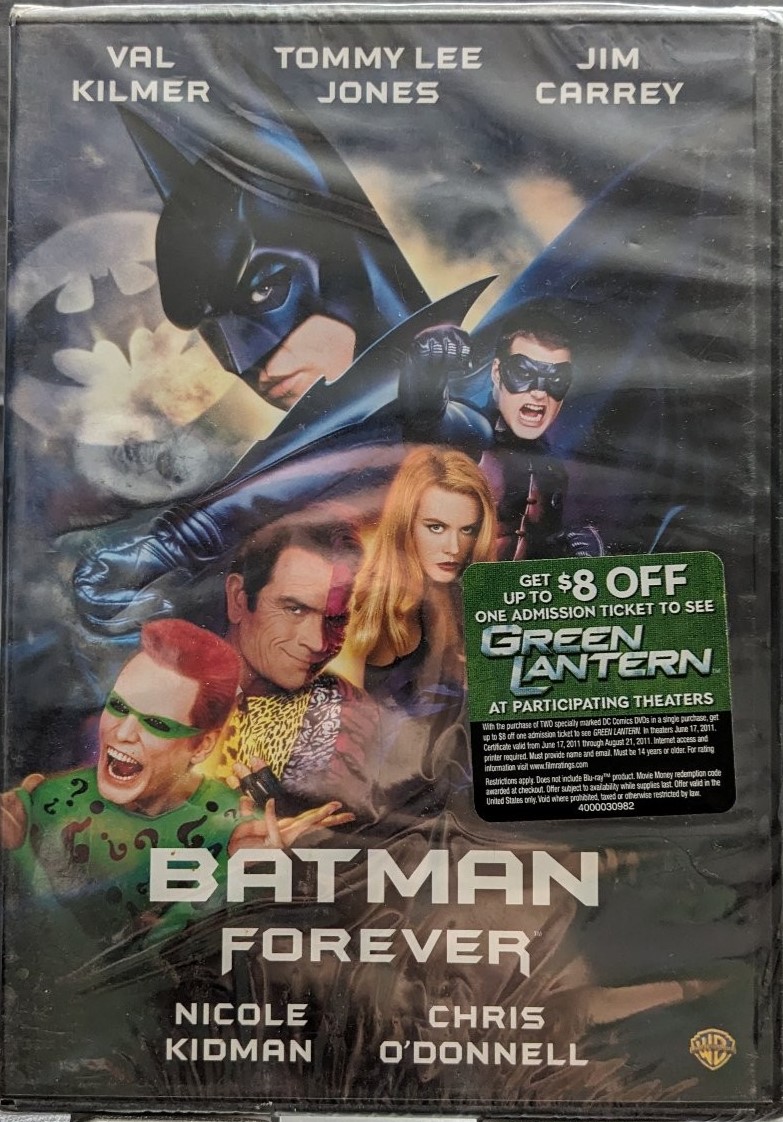 BatmanAnthology's tweet photo. Front and Back cover for a 2011 Rerelease of Batman Forever on DVD. Of note is the fact that it's the low quality, Bare bones 1997 DVD release (which has widescreen &amp; full screen versions). Also this release comes with an offer for $8 off one ticket for Green Lantern (2011). https://t.co/DxGN8Mylof