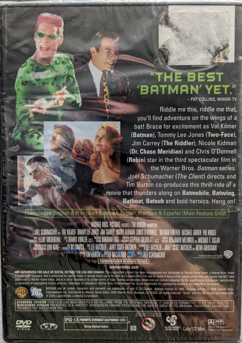 BatmanAnthology's tweet photo. Front and Back cover for a 2011 Rerelease of Batman Forever on DVD. Of note is the fact that it's the low quality, Bare bones 1997 DVD release (which has widescreen &amp; full screen versions). Also this release comes with an offer for $8 off one ticket for Green Lantern (2011). https://t.co/DxGN8Mylof
