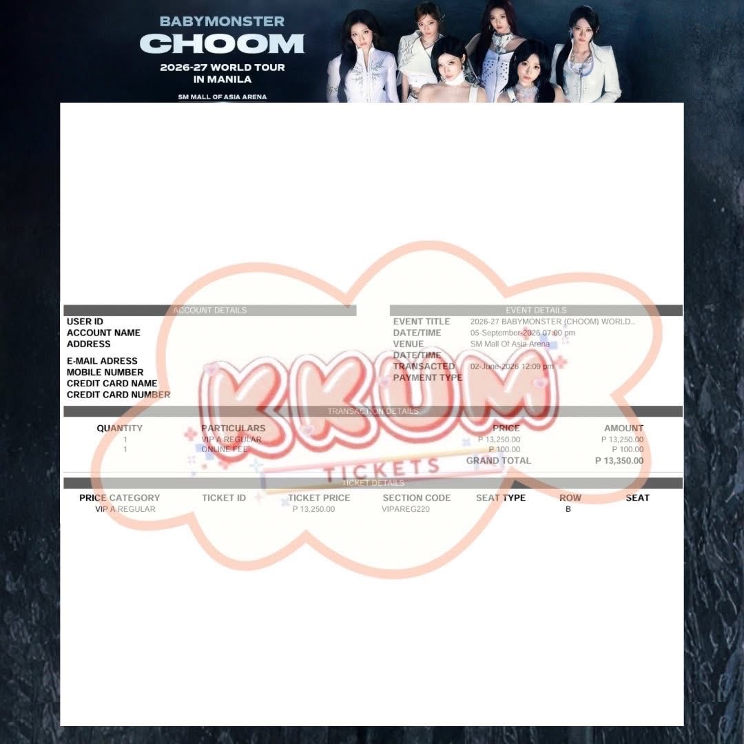 kkumtix_'s tweet photo. 𝐓𝐈𝐂𝐊𝐄𝐓 𝐒𝐎𝐋𝐃! ⋆˚☁️ ༘ 
ᯓ✿ BABYMONSTER WORLD TOUR [춤 (CHOOM)] IN MANILA

2x SVIP PACKAGE A
2x VIP A REGULAR ROW 4
1x VIP A REGULAR ROW 2
2x BOX REGULAR ROW 1

Thank you for trusting kkum tix! 
#kkumassists #kkumsecured https://t.co/KqceRsXsbq