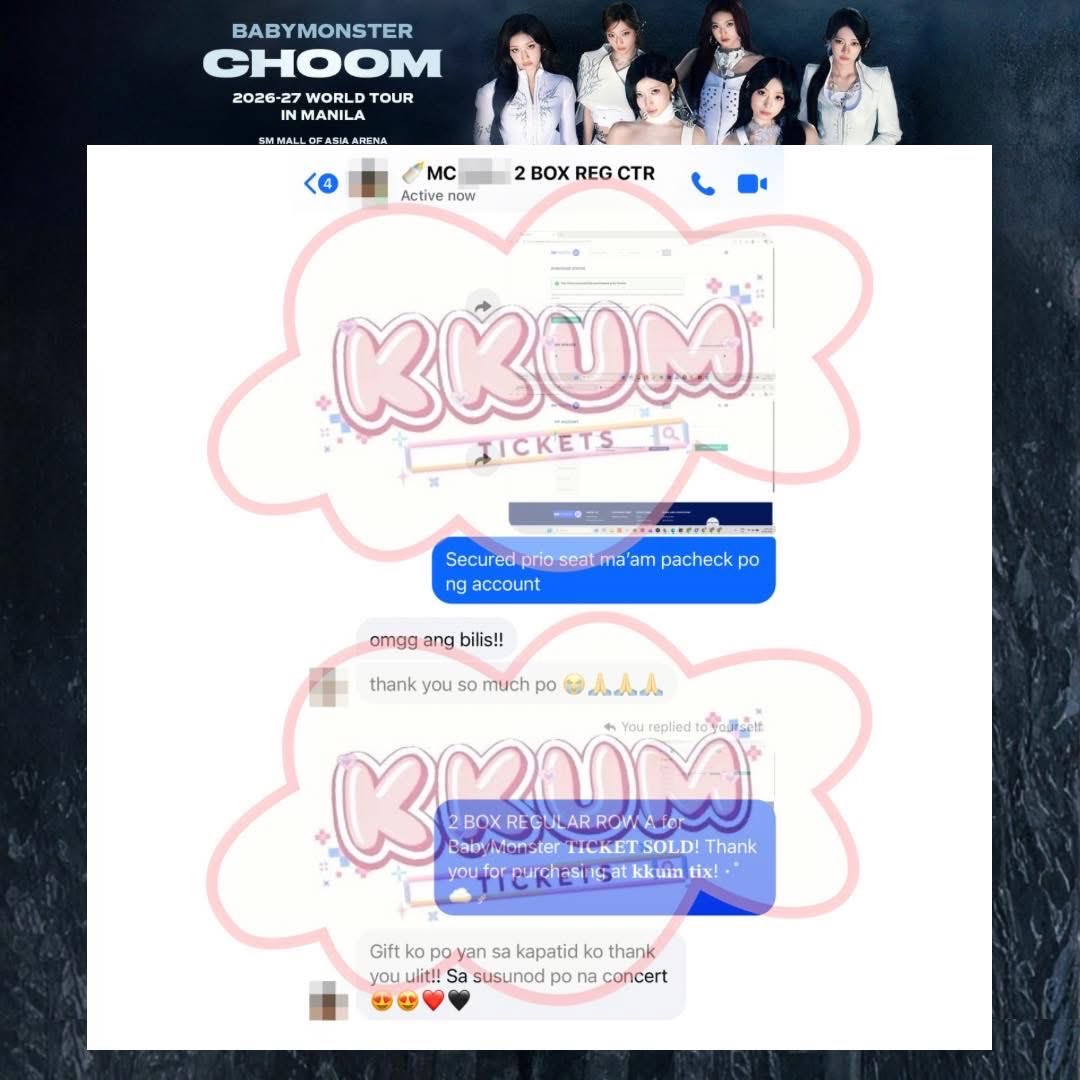 kkumtix_'s tweet photo. 𝐓𝐈𝐂𝐊𝐄𝐓 𝐒𝐎𝐋𝐃! ⋆˚☁️ ༘ 
ᯓ✿ BABYMONSTER WORLD TOUR [춤 (CHOOM)] IN MANILA

2x SVIP PACKAGE A
2x VIP A REGULAR ROW 4
1x VIP A REGULAR ROW 2
2x BOX REGULAR ROW 1

Thank you for trusting kkum tix! 
#kkumassists #kkumsecured https://t.co/CAkiBnPgXH