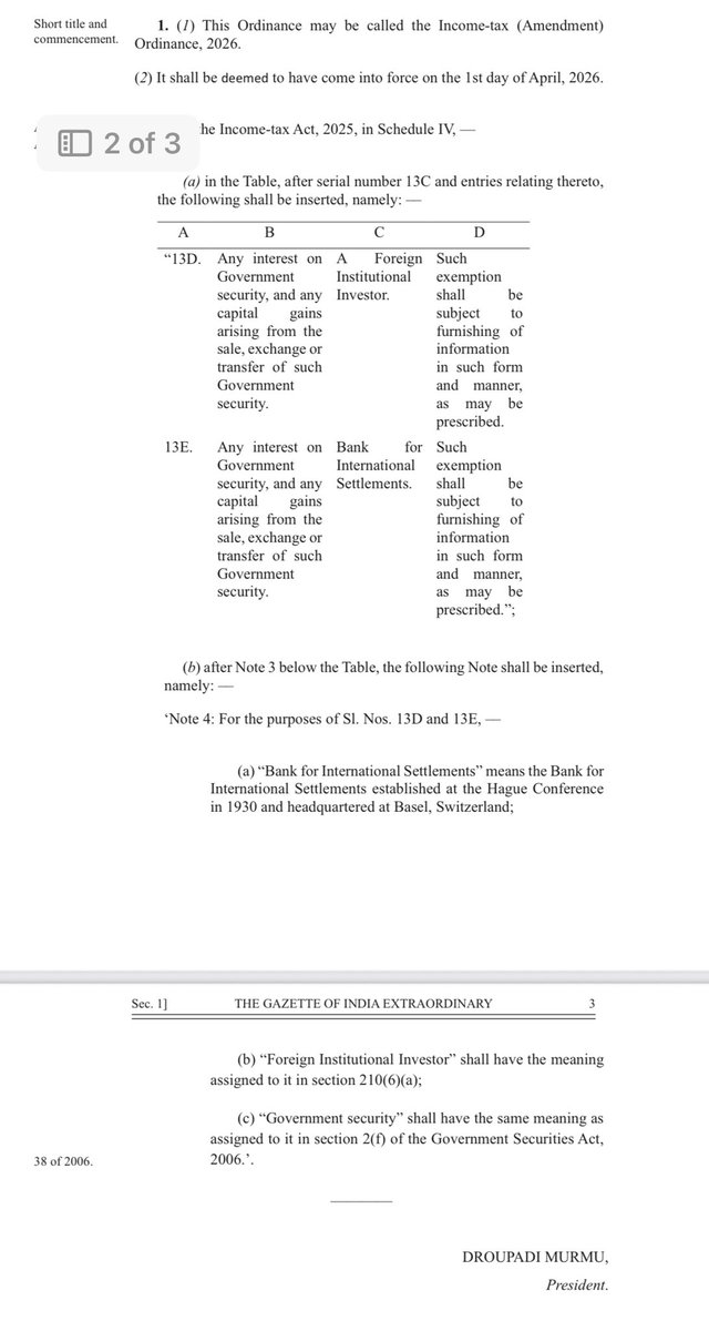 imcaraj's tweet photo. BREAKING NEWS: 

INCOME TAX NOTIFICIATION: Government notifies exemption for FIIs on capital gains from transfer of Government Securities.

*THE INCOME-TAX (AMENDMENT) ORDINANCE, 2026* https://t.co/6aeRO50CIc