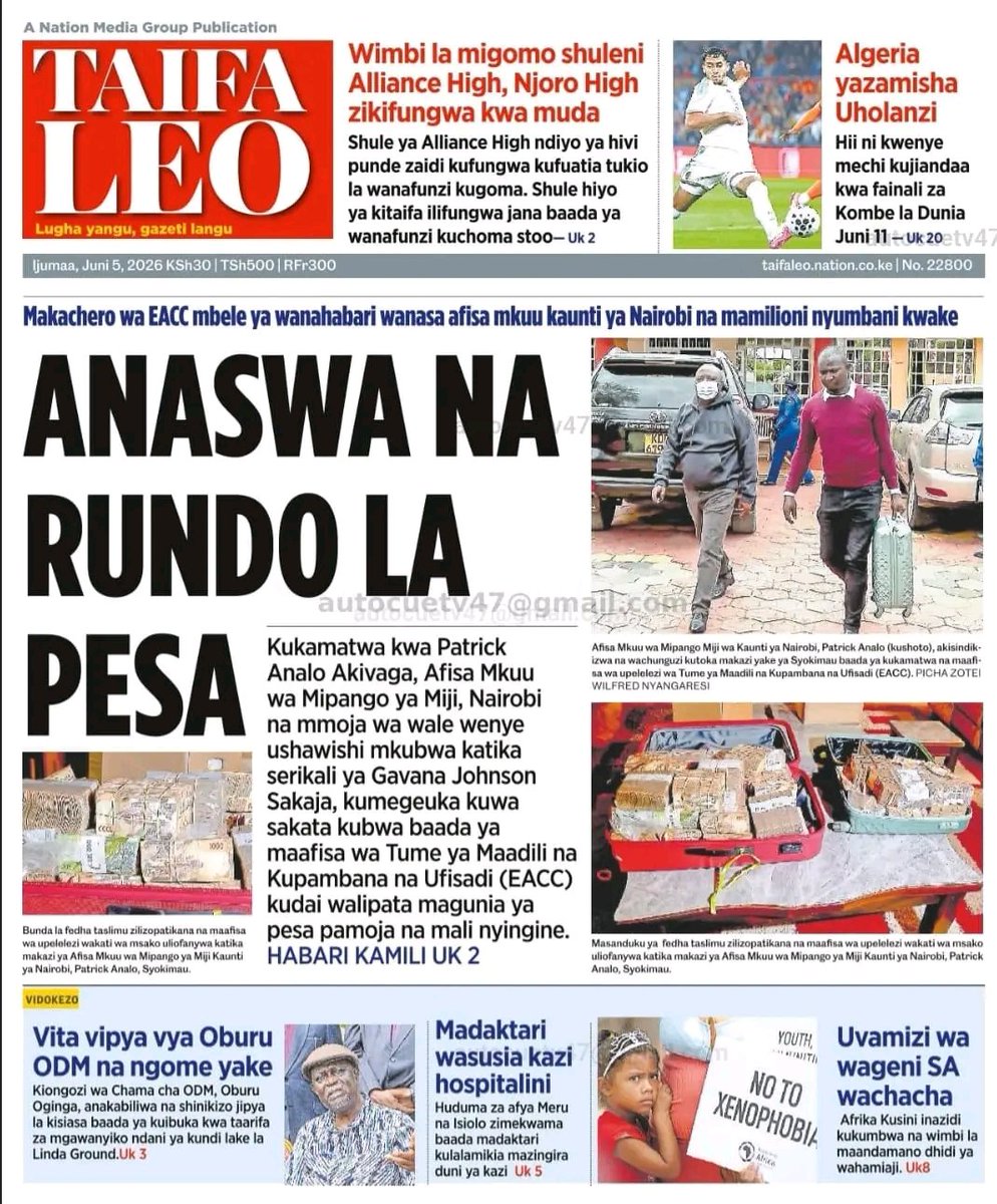 Eric_Kenani's tweet photo. Good Morning,  

Today's bold headlines on our local newspapers; The Standard, Daily Nation, People Daily and Taifa leo.

5 June, 2026

William Ruto https://t.co/2t5vMA2ve8