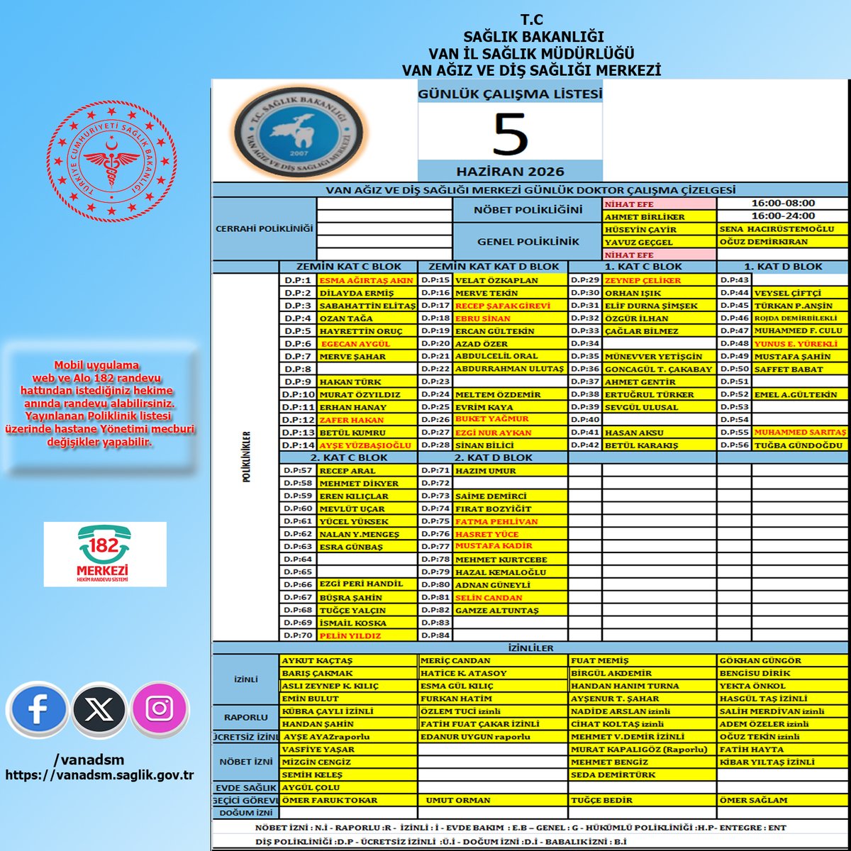 vanadsm's tweet photo. Mobil uygulama, Web ve Alo 182 randevu hattından istediğiniz hekime randevu alabilirsiniz. Yayınlanan poliklinik listesi üzerinde Hastanemiz Yönetimi tarafından Acil vaka, Hastalık vb. nedenlerle mecburi değişiklikler yapılabilir.
@vanilsaglik
@drmuhammedtosun
@KHHBVANILSAGLIk https://t.co/kiqIJXGi2t