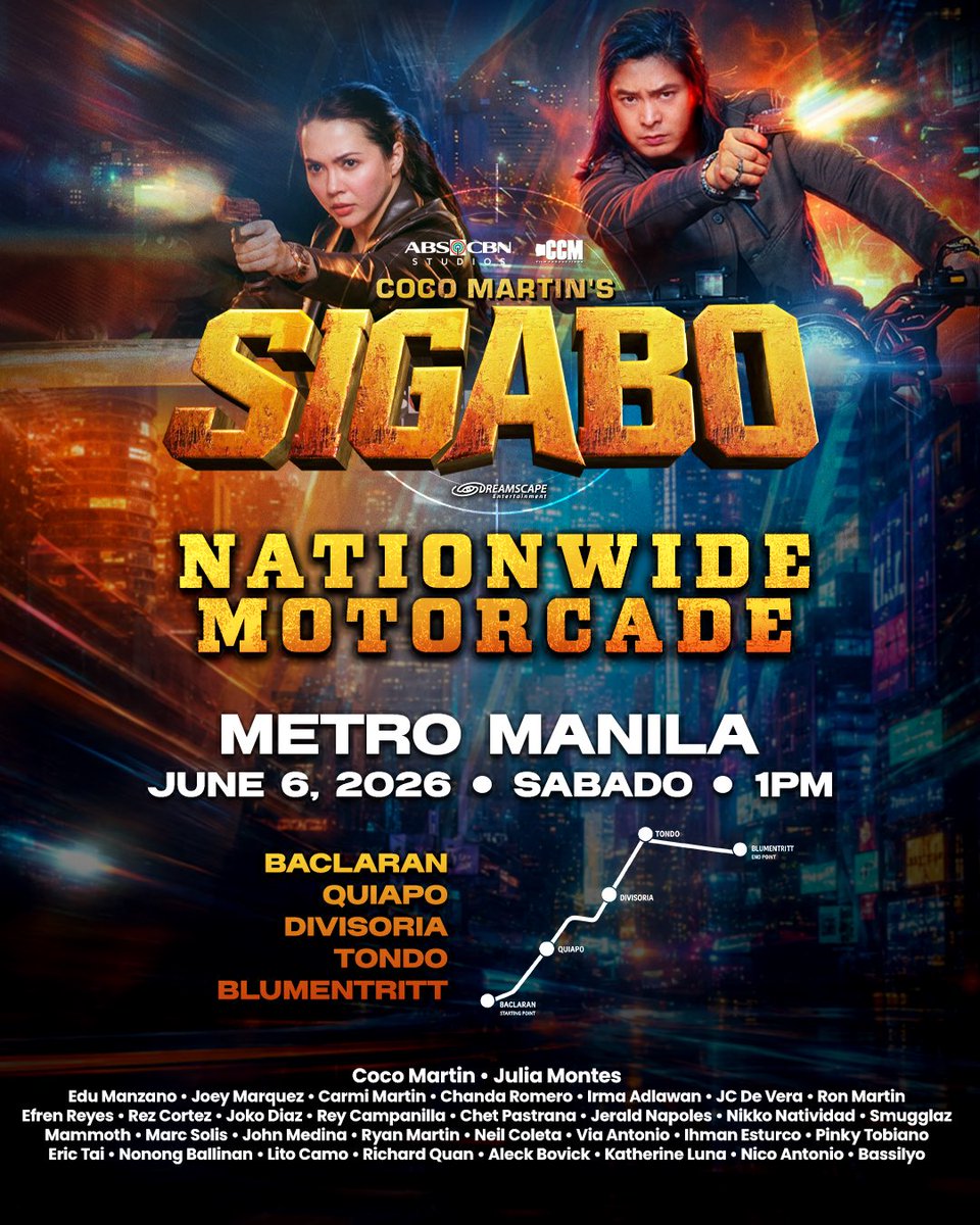 CocoMartinCCM's tweet photo. Ang Hari ng Aksyon sa ating Henerasyon, Coco Martin 
at Prime Actress Julia Montes, magbabalik na sa PRIMETIME

Simula June 6, lalapit kami sa inyo!
Ngayong Sabado simula 1pm sa BACLARAN, QUIAPO, DIVISORIA, TONDO, at BLUMENTRITT

Coco Martin's SIGABO Nationwide MOTORCADE https://t.co/iBN02pgJQ1