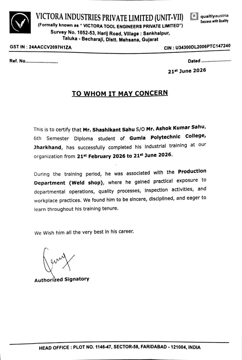 GumlaPolytechn2's tweet photo. Under the guidance of Jharkhand University of Technology,let's applaud the achievement of our students along with the prestigious organisation where they got trained:

Victora Industries Pvt Ltd,Mehsana (Gujarat)

Raushan Kr Dubey (QualityDeptt)
Shashikant Sahu  (ProductionDeptt) https://t.co/u13gGMSZES