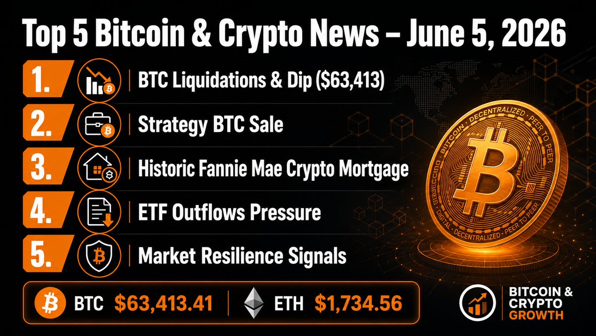 BTCryptoGrowth's tweet photo. 5 Most Important Bitcoin &amp; Crypto News Stories (Last 24 Hours, as of June 5, 2026) 

Bitcoin currently trades at $63,413.41, Ethereum at $1,734.56. The market has seen significant pressure with liquidations and ETF outflows contributing to the recent dip. 👇 https://t.co/sQ0RcAkq38