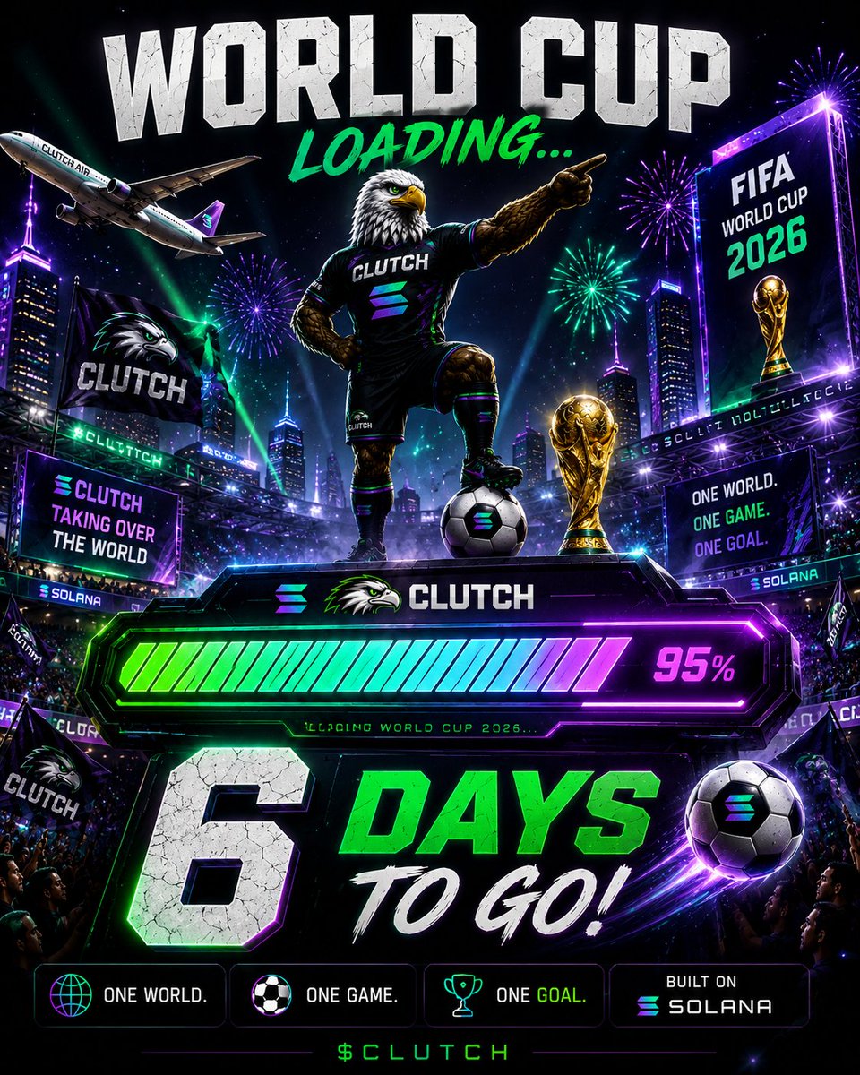solanaOGclutch's tweet photo. 🚀⚽️ WORLD CUP LOADING... 95% 🦅🔥

Only 6 DAYS TO GO.

The planes are landing. ✈️
The stadiums are filling. 🏟️
The fans are arriving. 🌎
The biggest sporting event on Earth is almost here.
$CLUTCH is locked in and ready for kickoff.

#CLUTCH #WorldCup2026 #Solana #Crypto #FIFA https://t.co/ThPM2qplRc