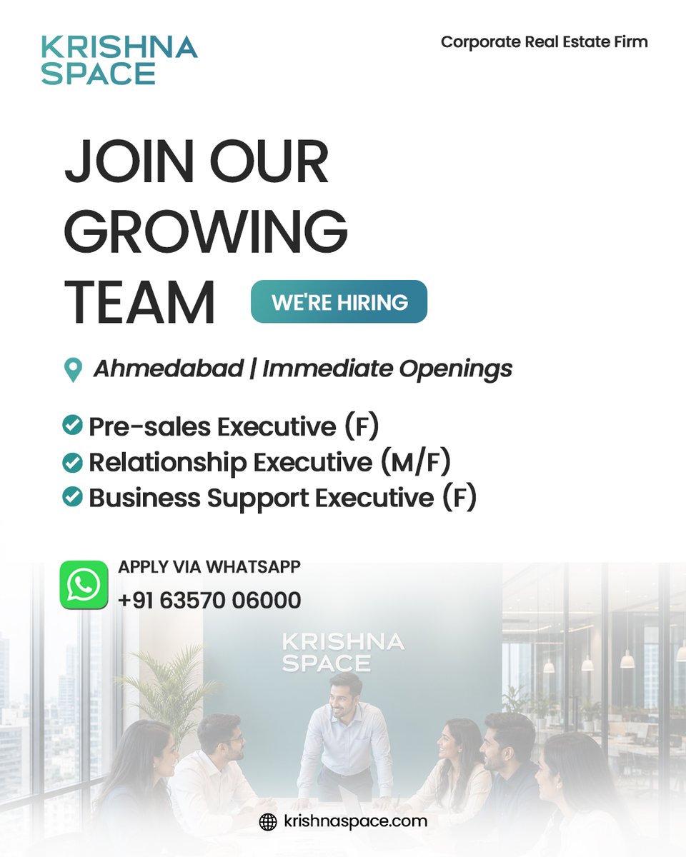 KrishnaSpace's tweet photo. 📢 Looking for passionate professionals to join our growing team in Ahmedabad.

🏢 Open Positions:

✅ Pre-Sales Executive (F)
✅ Relationship Executive (M/F)
✅ Business Support Executive (F) https://t.co/Is3kzvDmhO